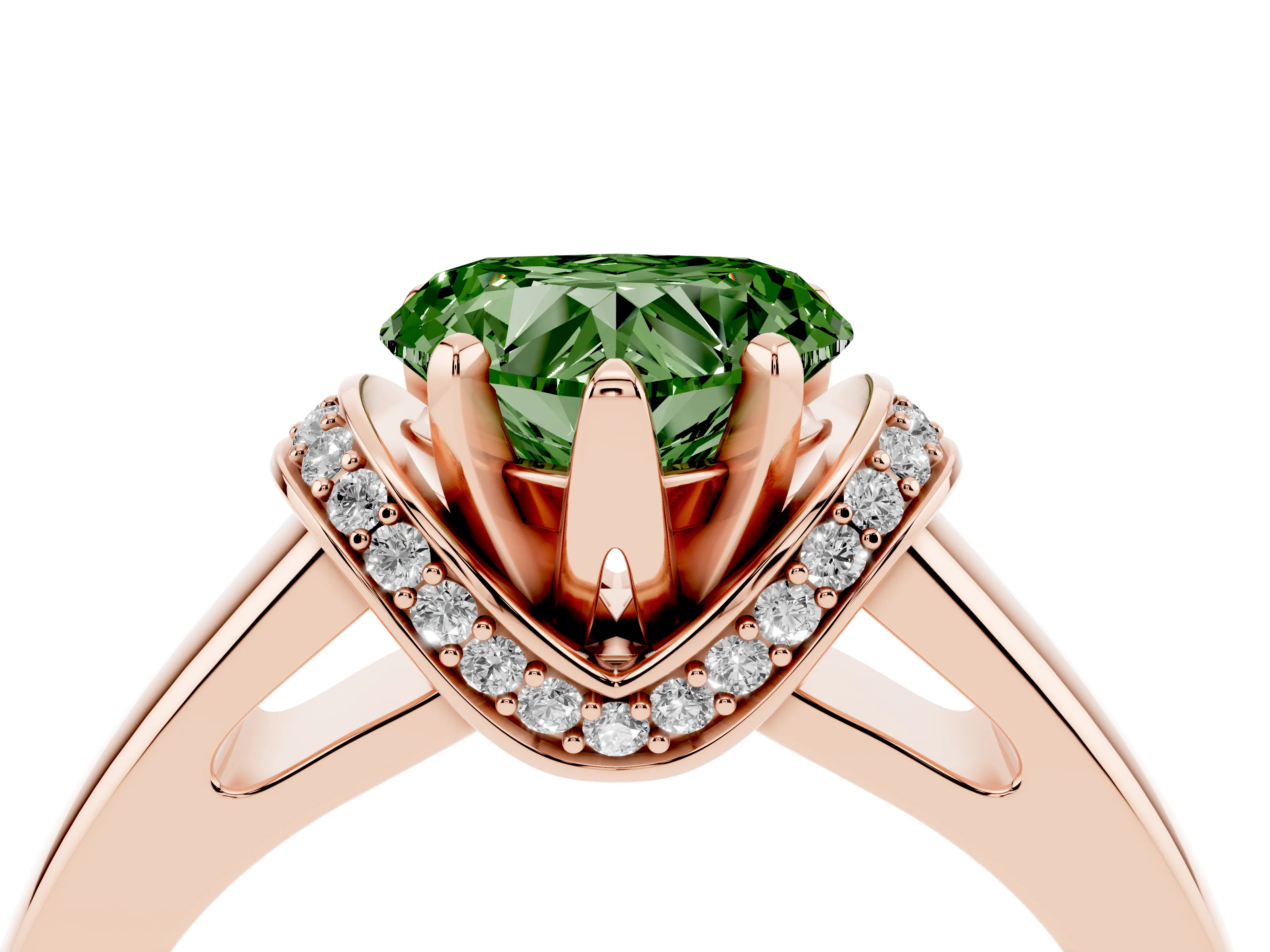 Fancy Green Heart Cut Diamond Pavé Band Solitaire Ring Set in Rose gold with Prong Setting