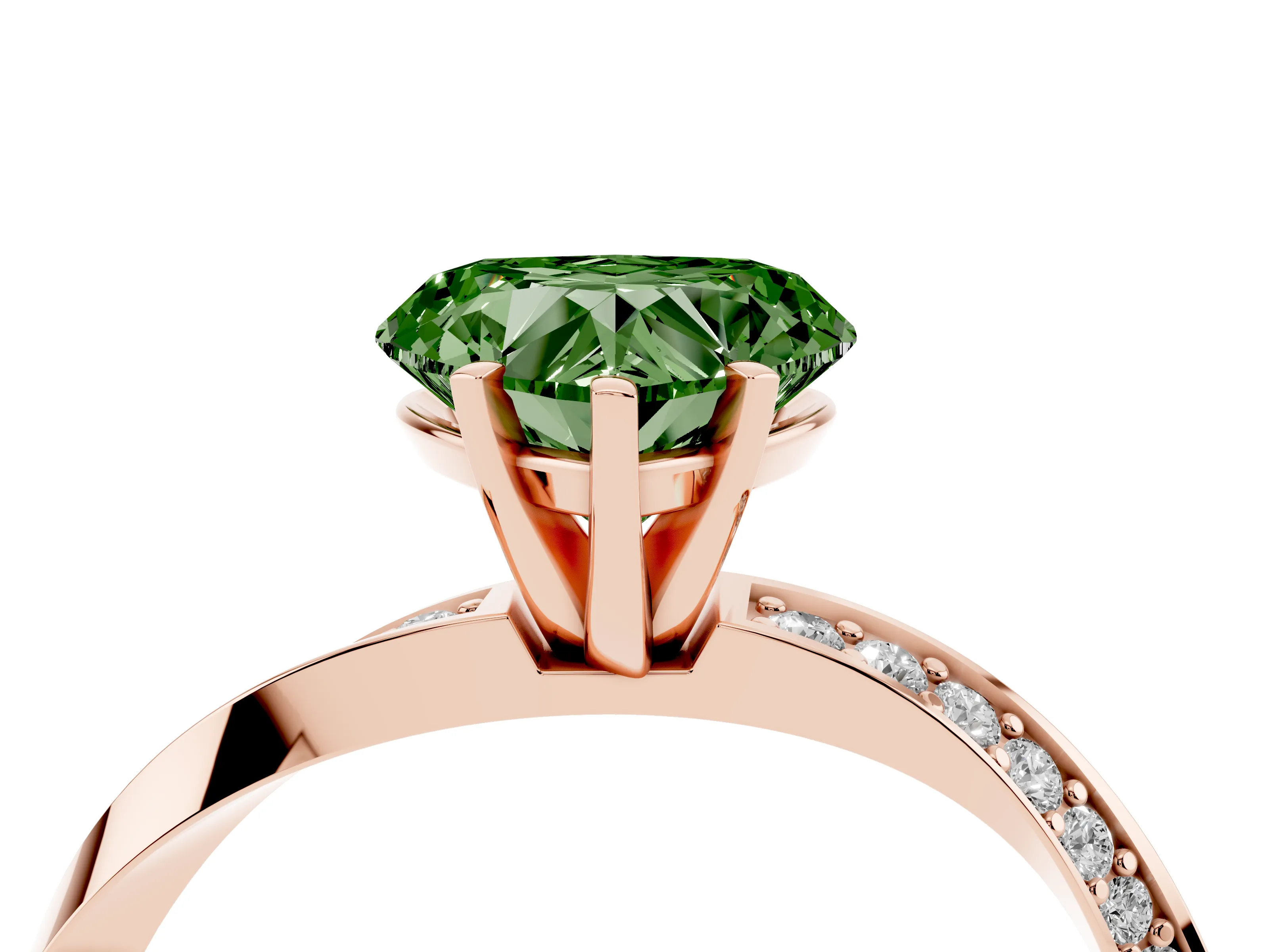 Fancy Green Heart Cut Diamond Engagement Ring Set in Rose gold with Side Stone Accents and Prong Setting
