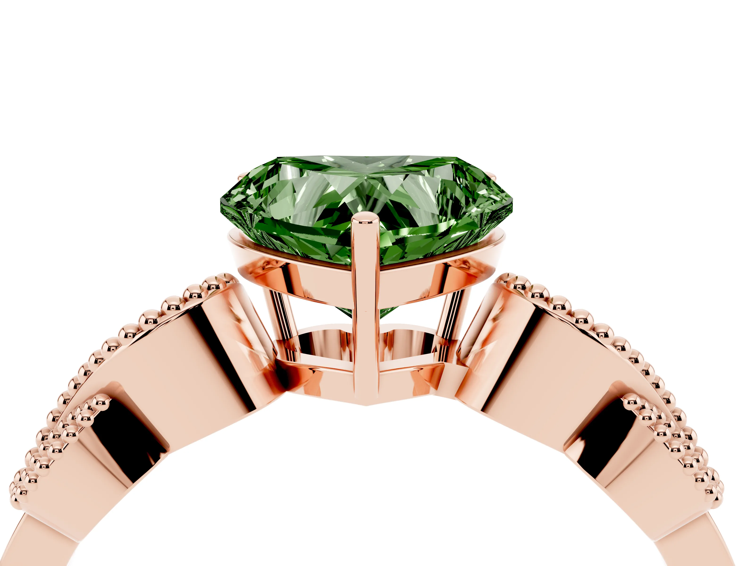 Fancy Green Heart Cut Diamond Milgrain Leaf Band Solitaire Ring Set in Rose gold with Accent Stones and Prong Setting