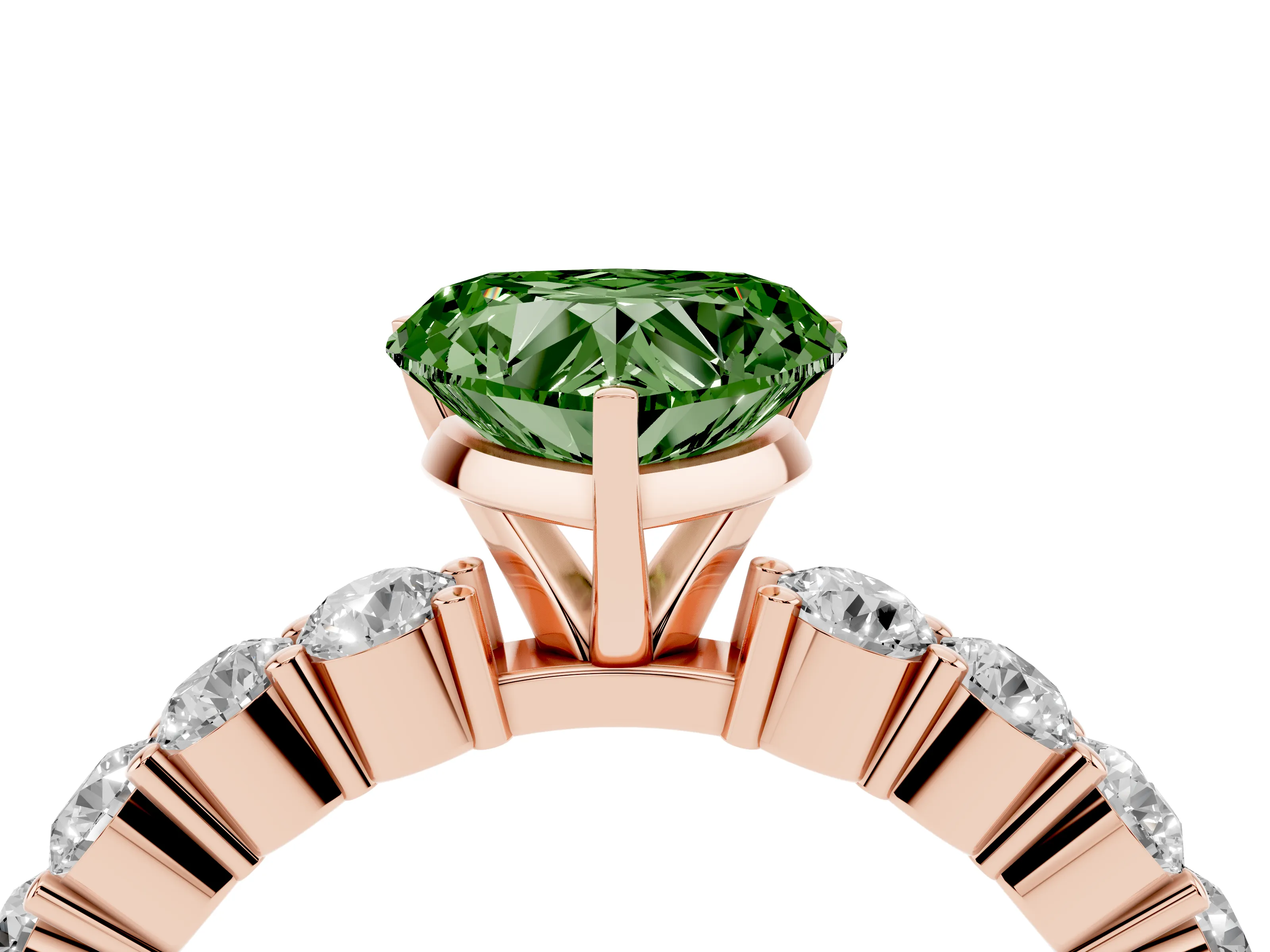 Fancy Green Heart Cut Diamond Solitaire Ring Set in Rose gold with Shared Prong Round Side Stones