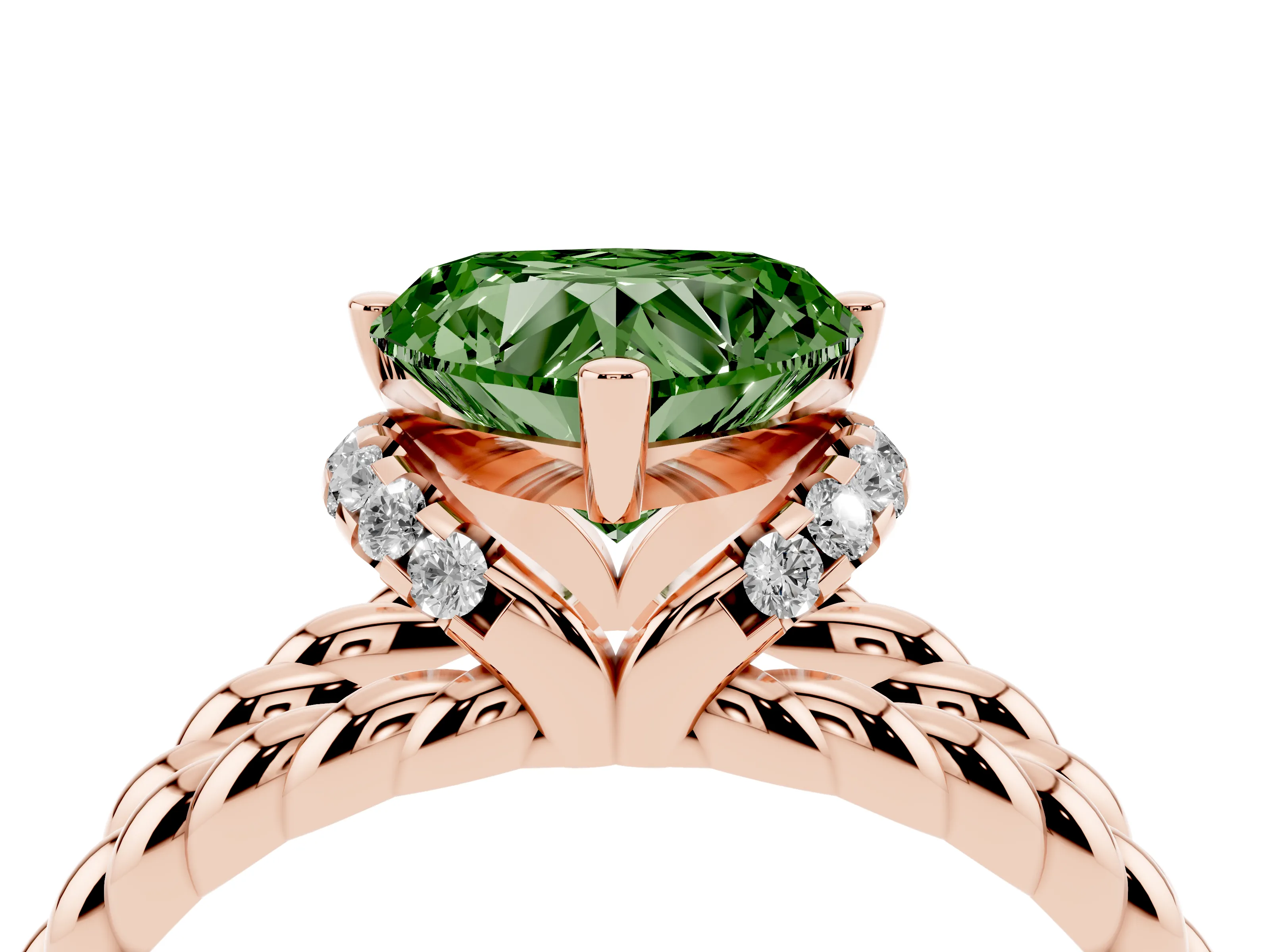 Fancy Green Heart Cut Diamond Halo Ring Set in Rose gold with Twisted Band and Prong Setting
