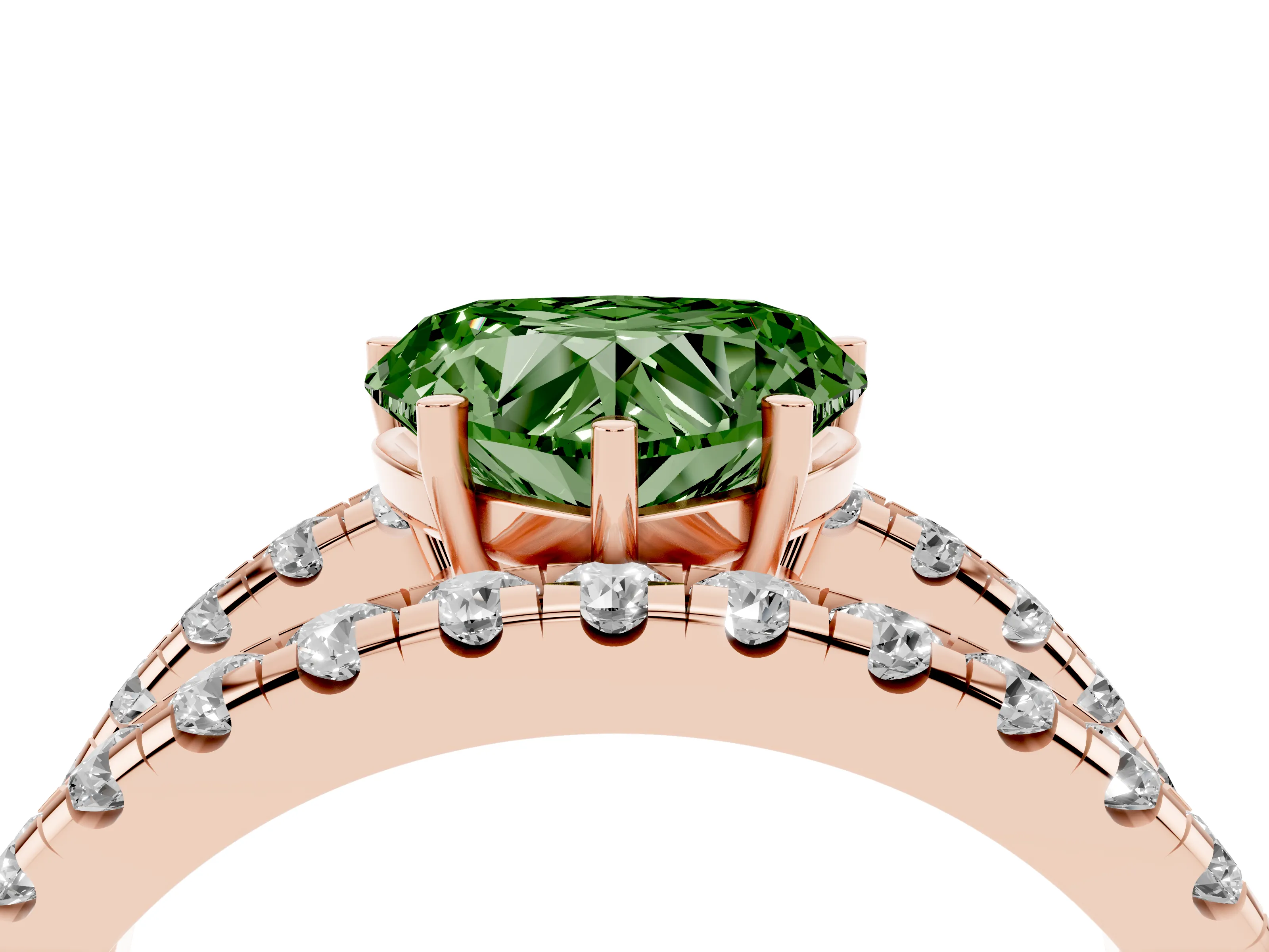 Fancy Green Heart Cut Diamond Split Shank Pavé Solitaire Ring Set in Rose gold with Open Shank Design