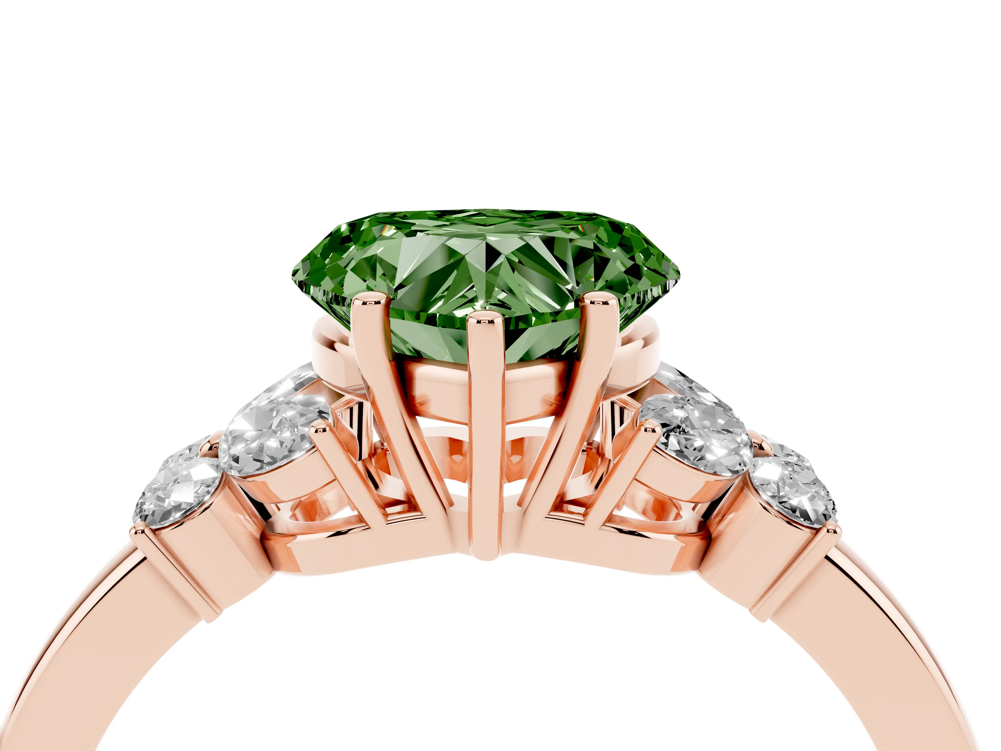 Fancy Green Heart Cut Diamond Solitaire Floral Ring Set in Rose gold with Marquise Petals and Prong Setting