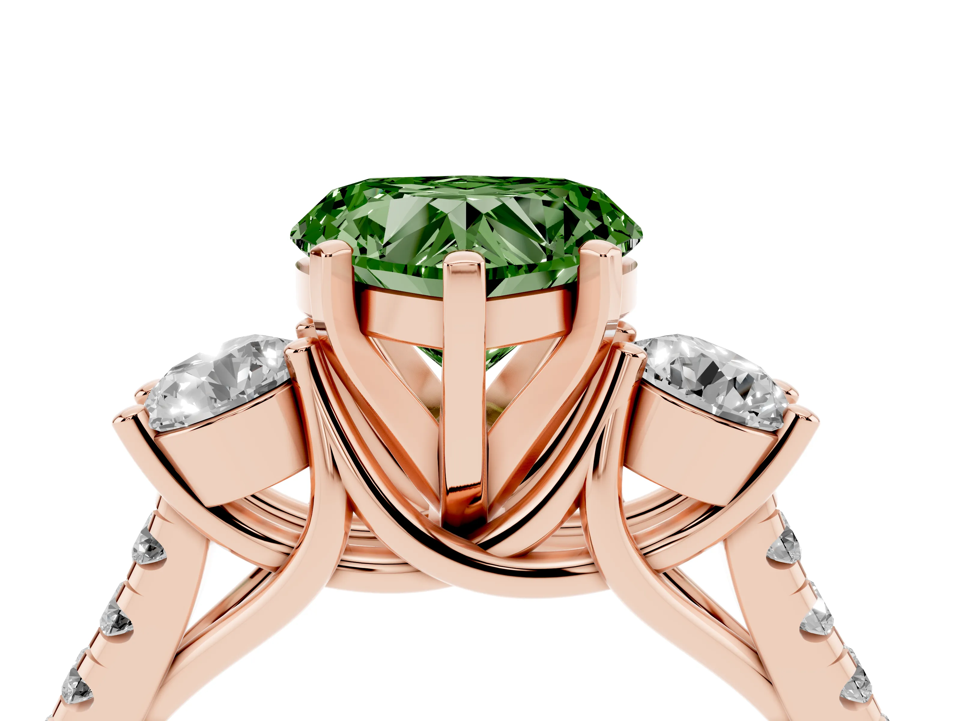 Fancy Green Three-Stone Heart Cut Diamond Pavé Band Ring Set in Rose gold with Prong-Set Trio
