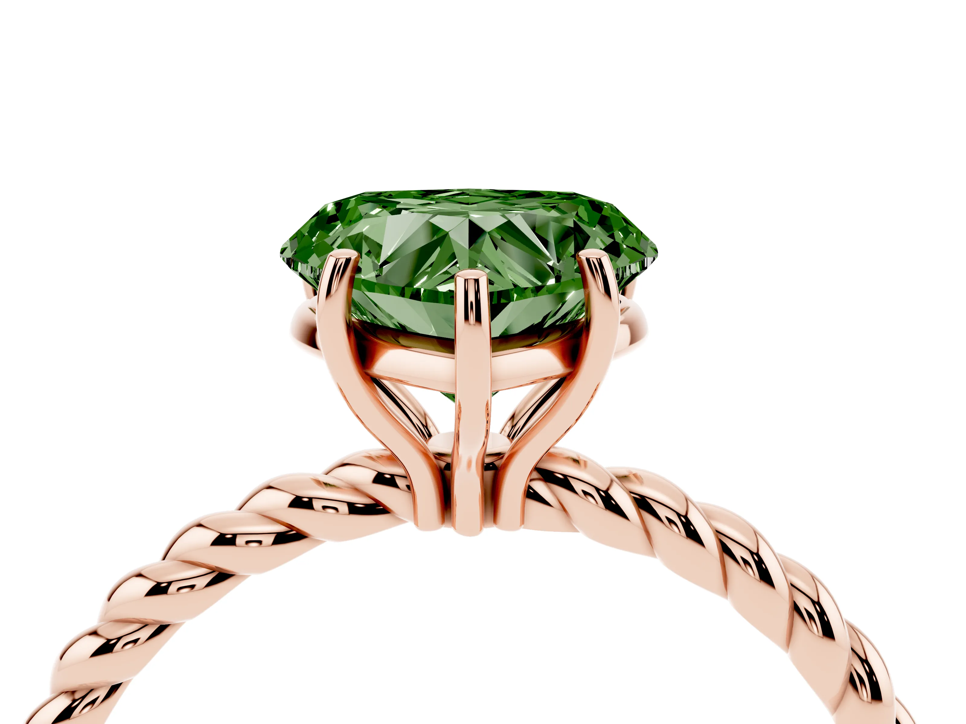 Fancy Green Heart Cut Diamond Solitaire Ring Set in Rose gold with Twist Band and Prong Setting