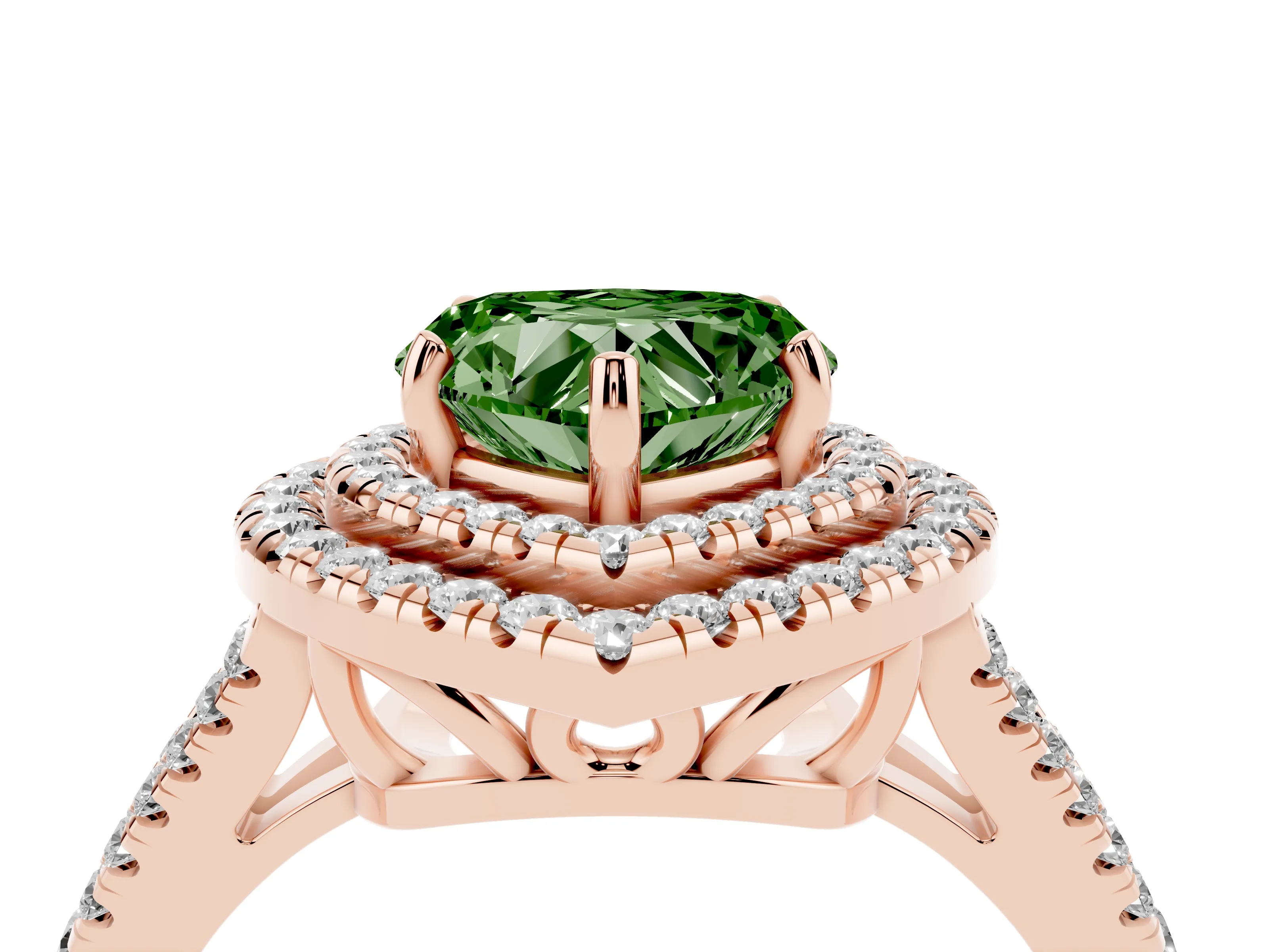 Fancy Green Heart Cut Diamond Double Halo Ring Set in Rose gold with Pavé Band