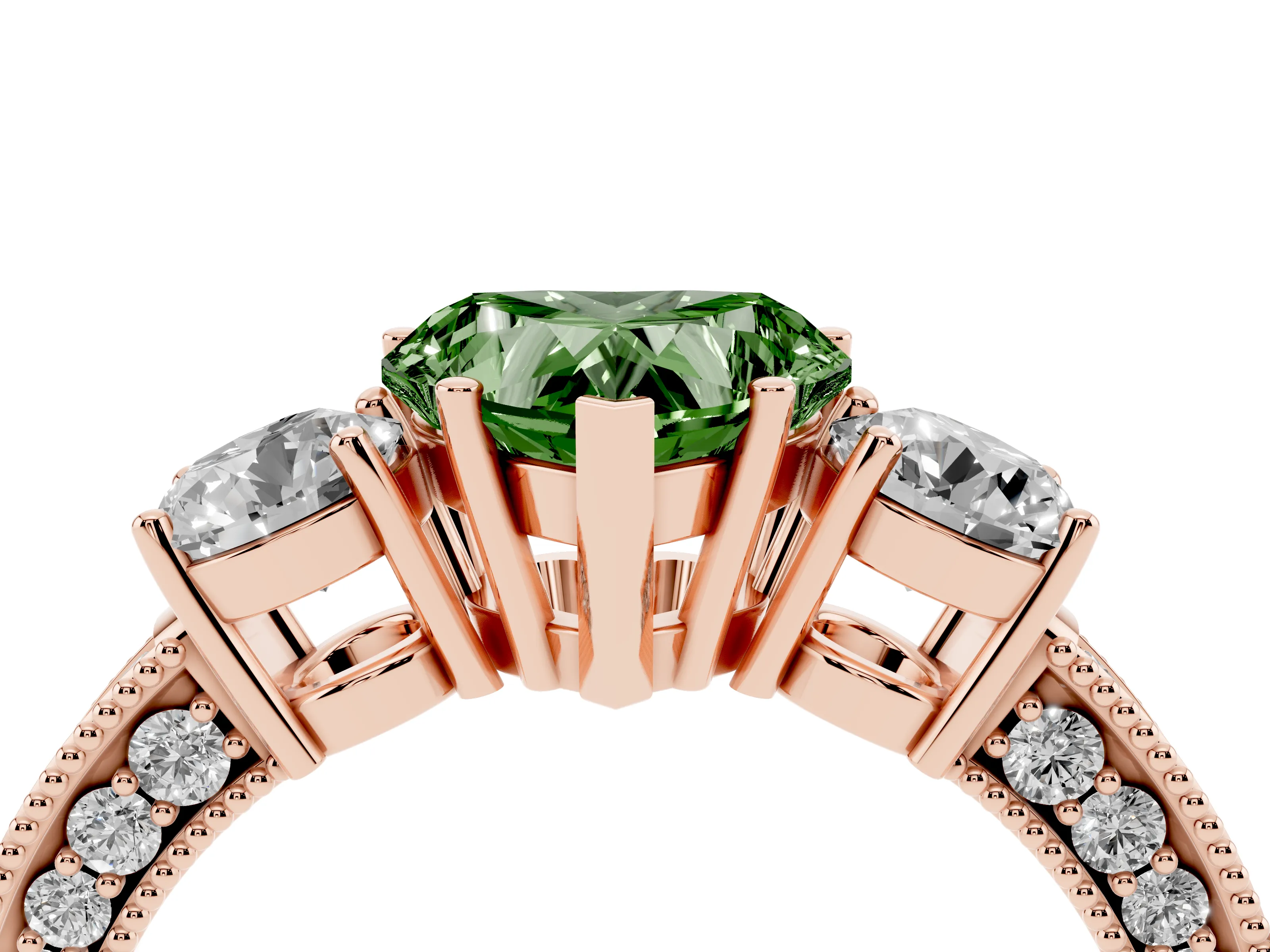 Fancy Green Heart Cut Diamond Three-Stone Ring Set in Rose gold with Round Side Stones and Pavé Band