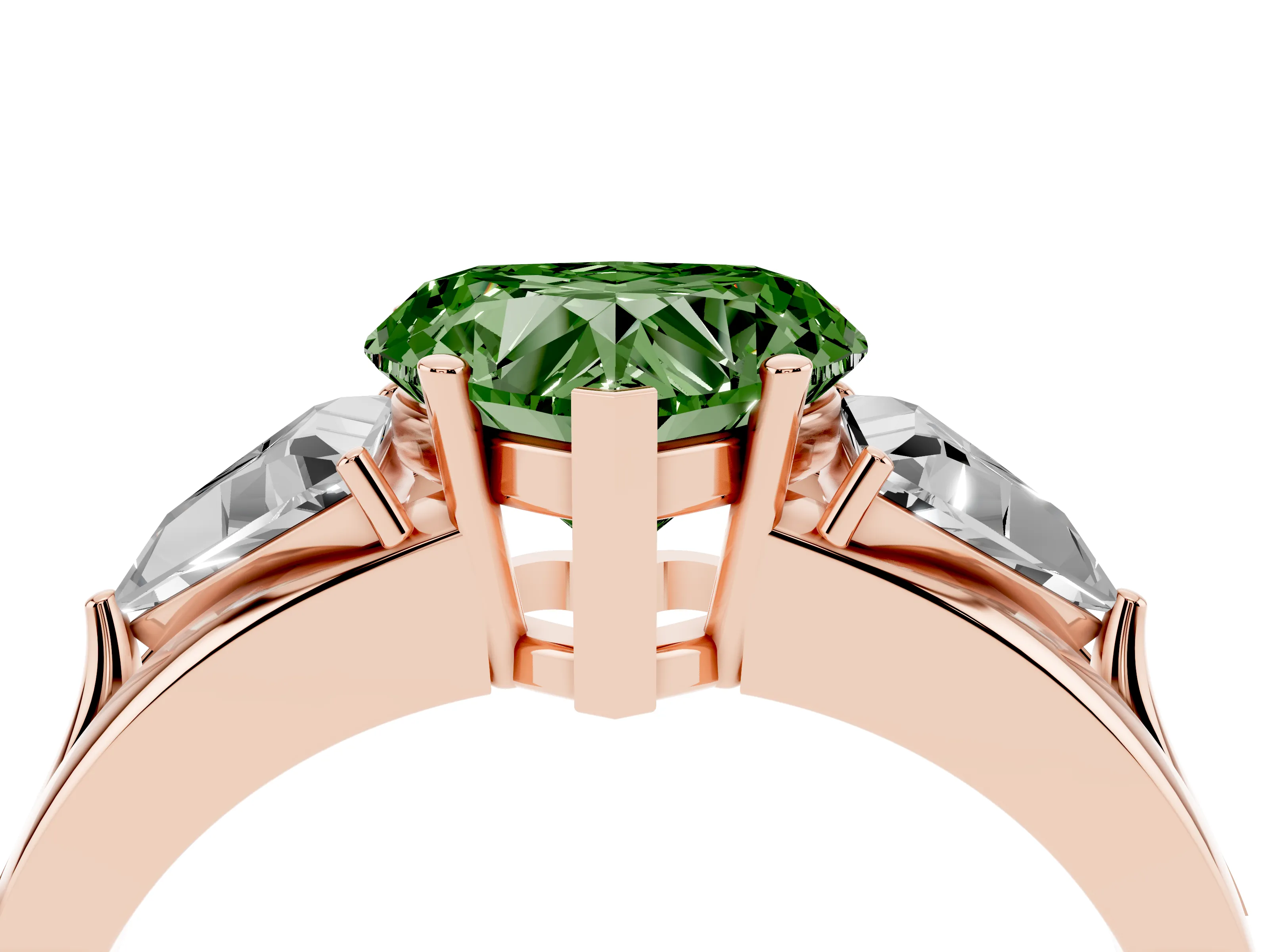 Fancy Green Heart Cut Diamond Three-Stone Ring Set in Rose gold with Trillion Side Stones and Split Shank