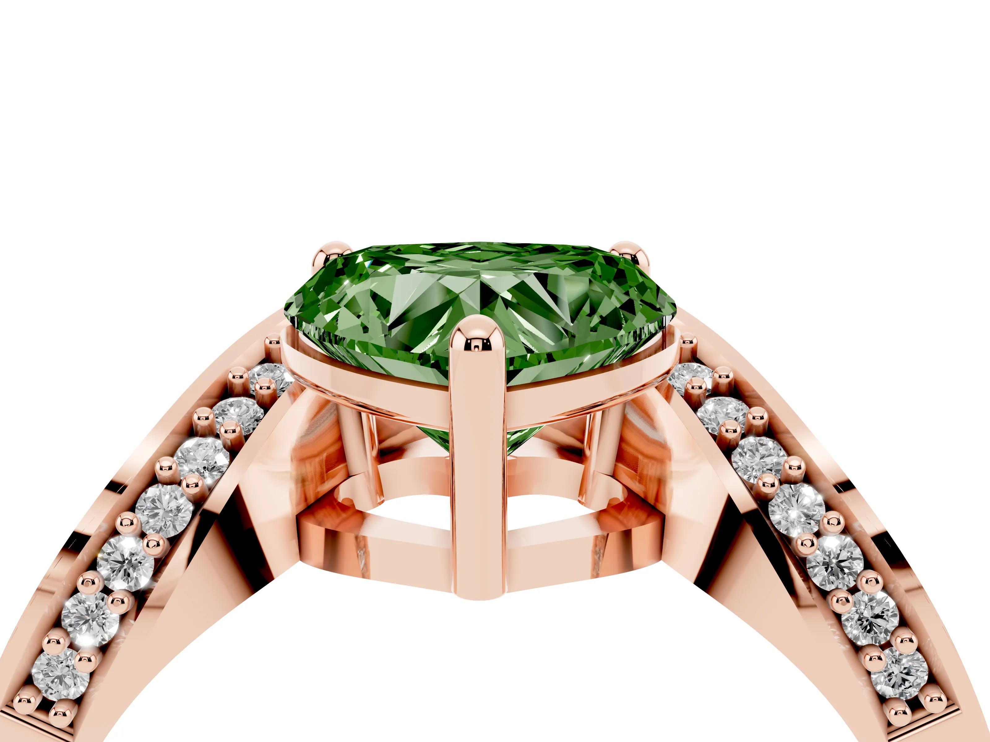 Fancy Green Heart Cut Diamond Solitaire Engagement Ring Set in Rose gold with Pavé Shoulders