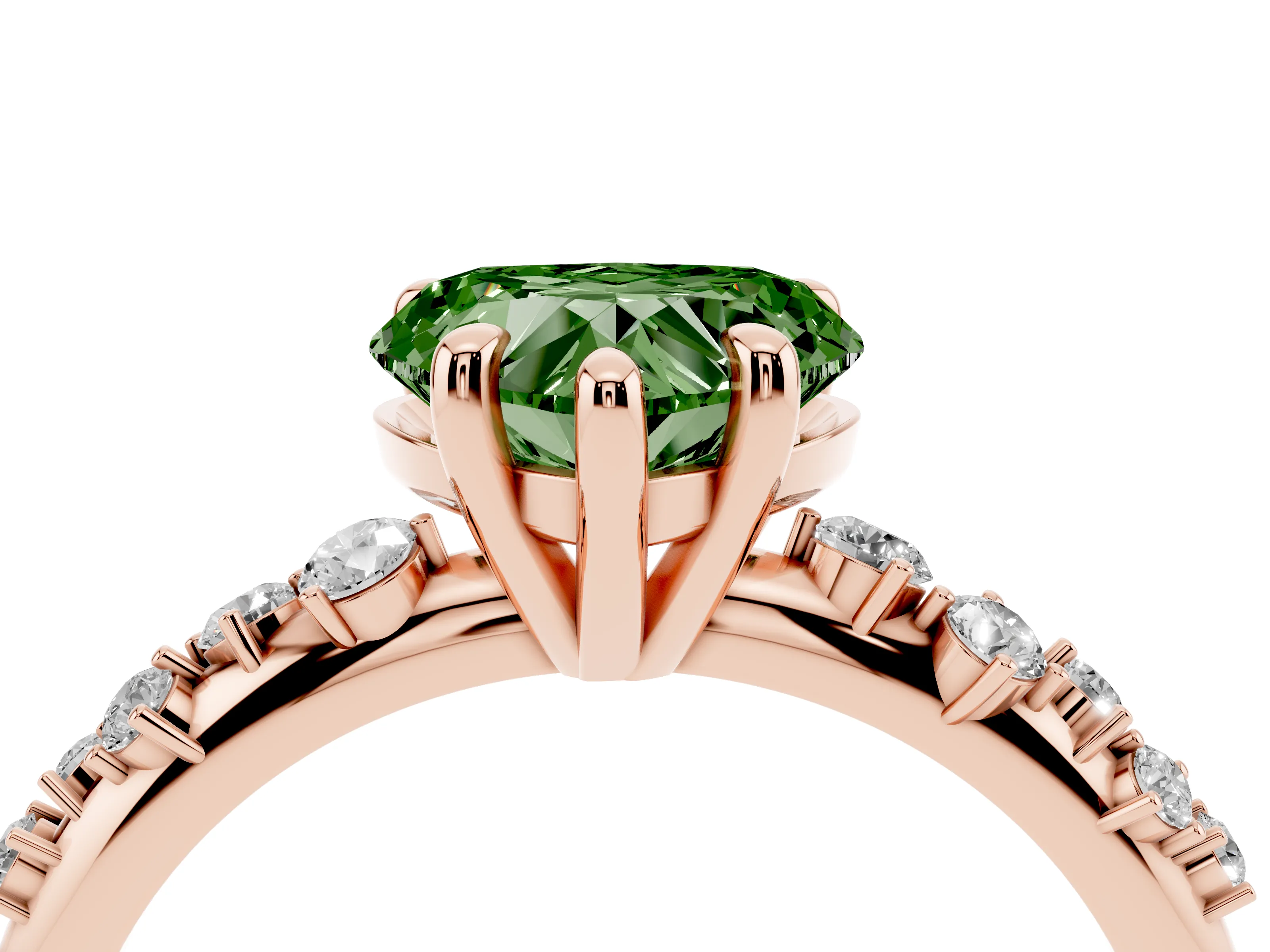 Fancy Green Heart Cut Diamond Solitaire Vine Band Ring Set in Rose gold with Round Accents and Prong Setting
