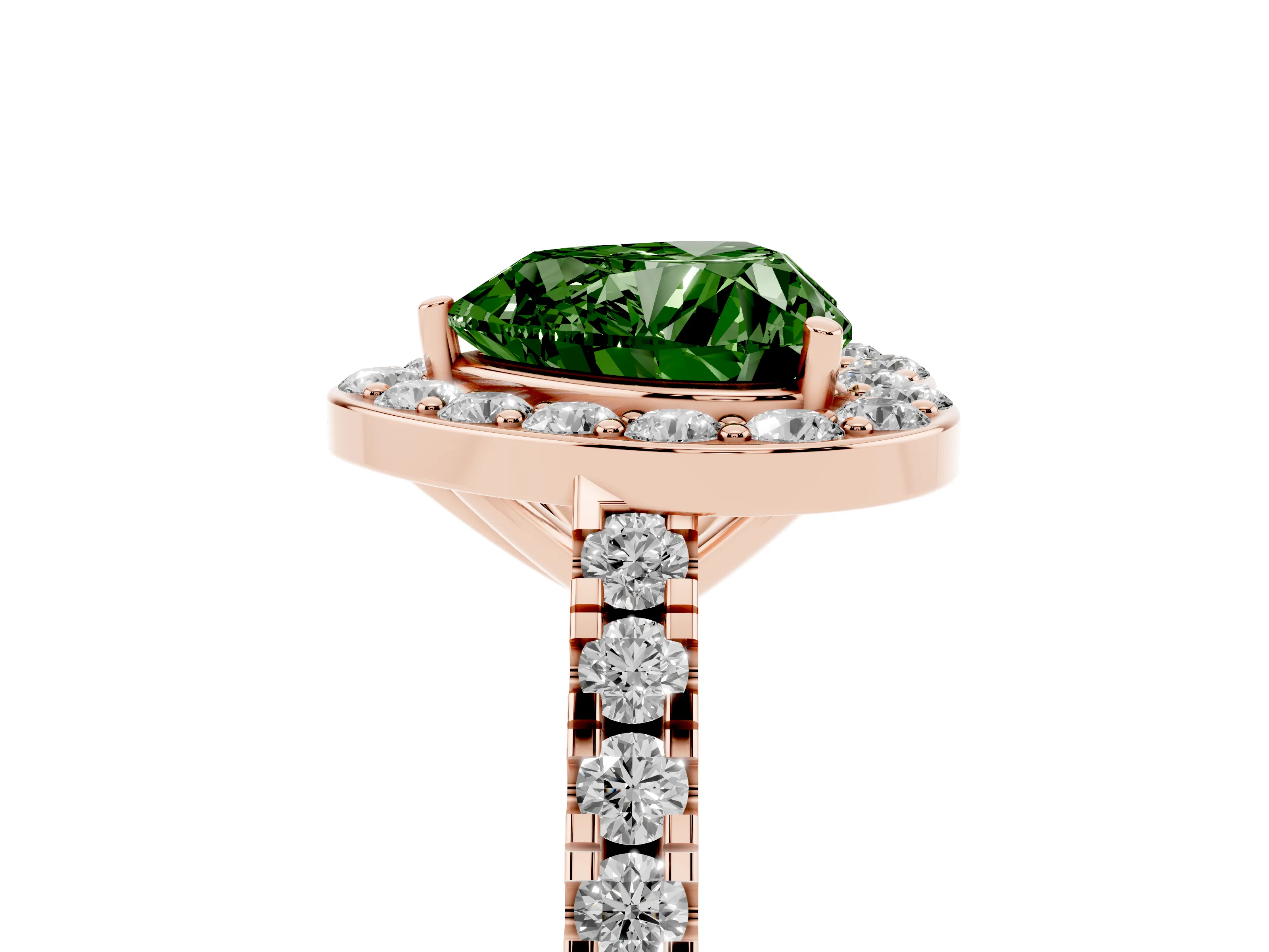 Fancy Green Heart Cut Diamond Halo Ring Set in Rose gold with Round Pavé Split Shank and Prong Setting