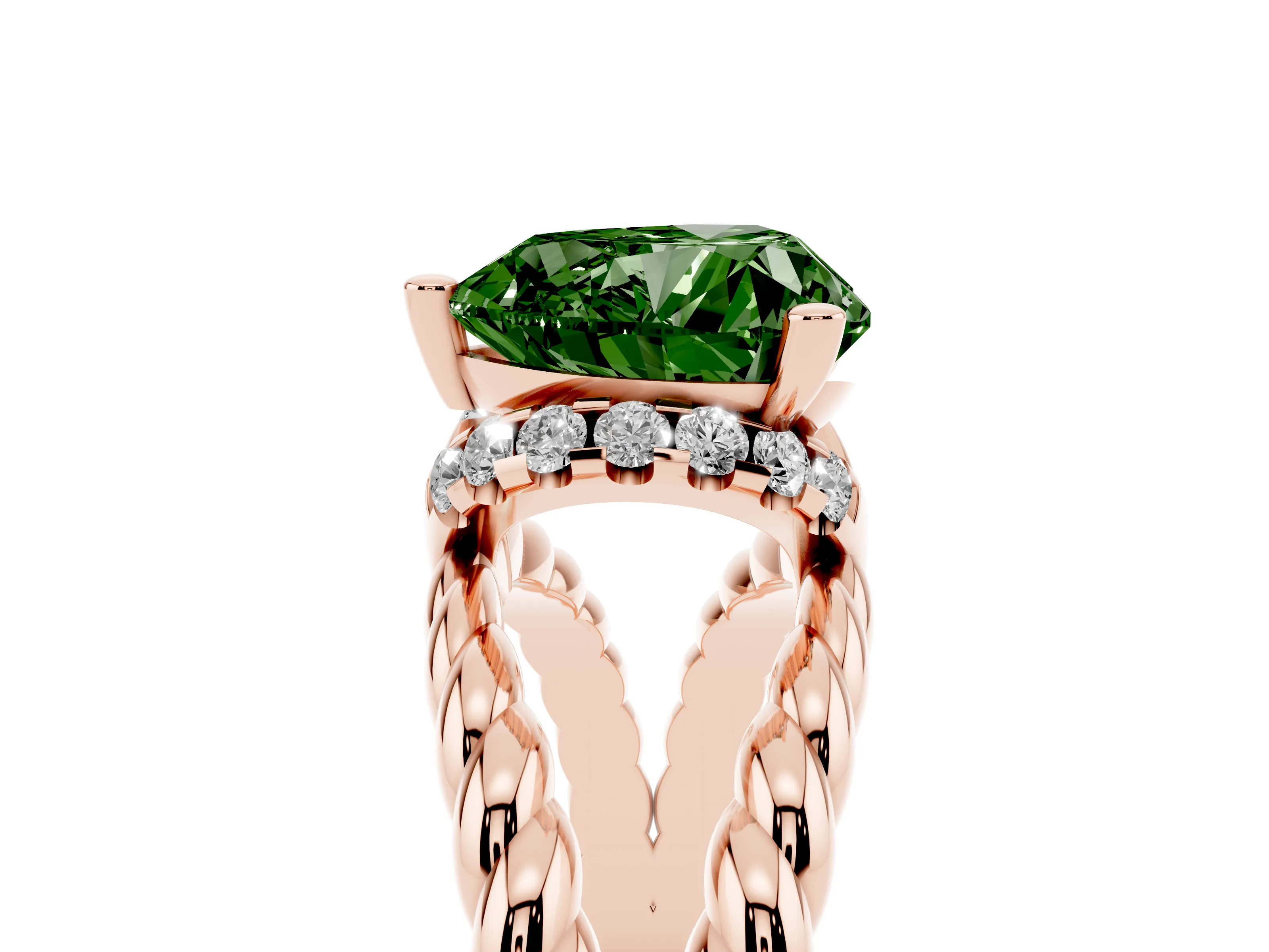 Fancy Green Heart Cut Diamond Halo Ring Set in Rose gold with Twisted Band and Prong Setting