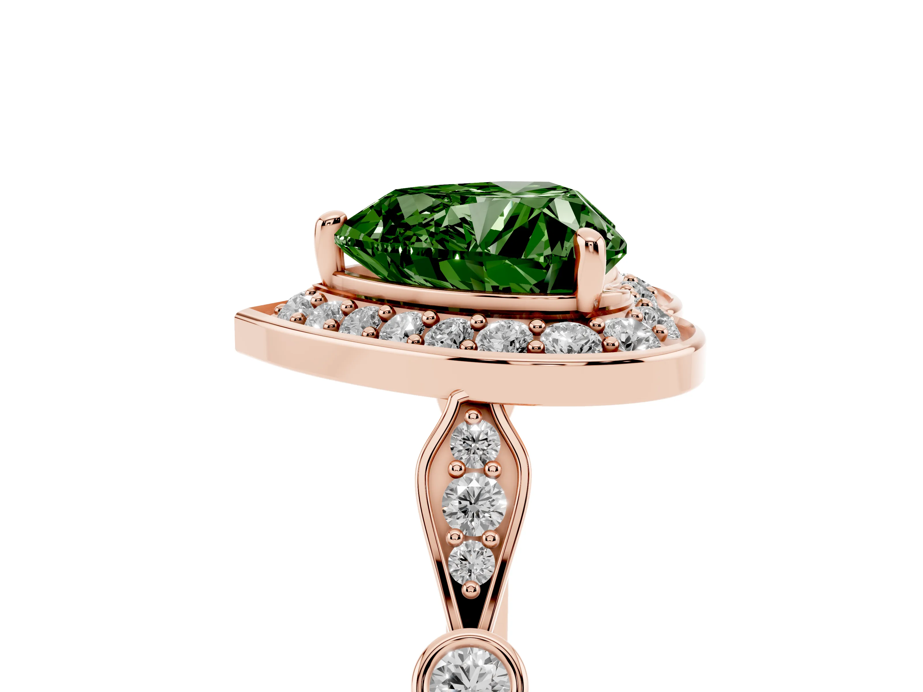Fancy Green Heart Cut Diamond Halo Engagement Ring Set in Rose gold with Twisted Band and Prong Setting