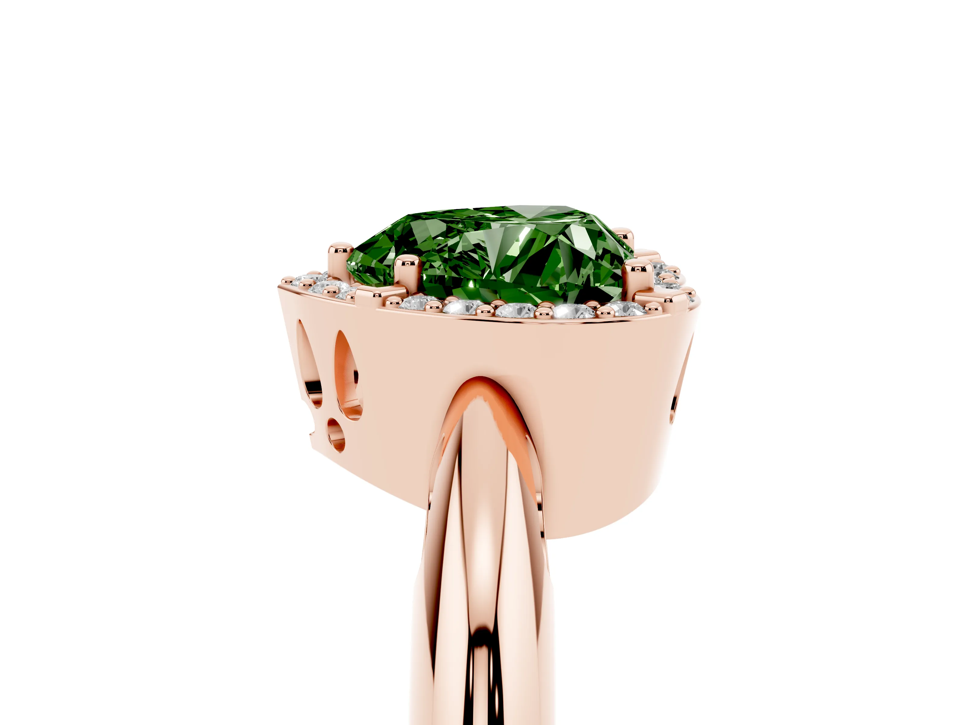Fancy Green Heart Cut Diamond Halo Engagement Ring Set in Rose gold with Plain Split Shank and Prong Setting