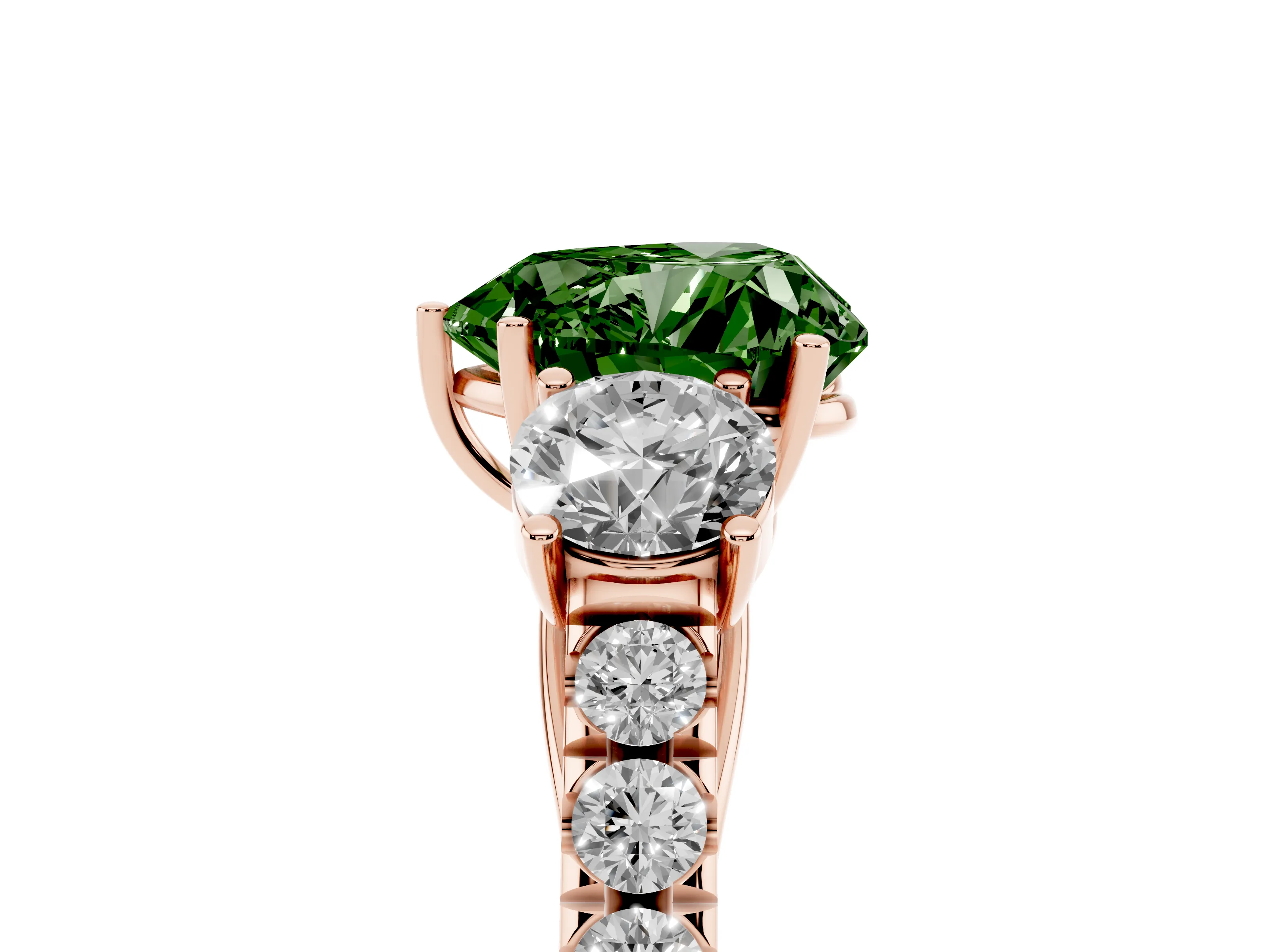 Fancy Green Heart Cut Diamond Three-Stone Ring Set in Rose gold with Round Side Stones and Delicate Pavé Band