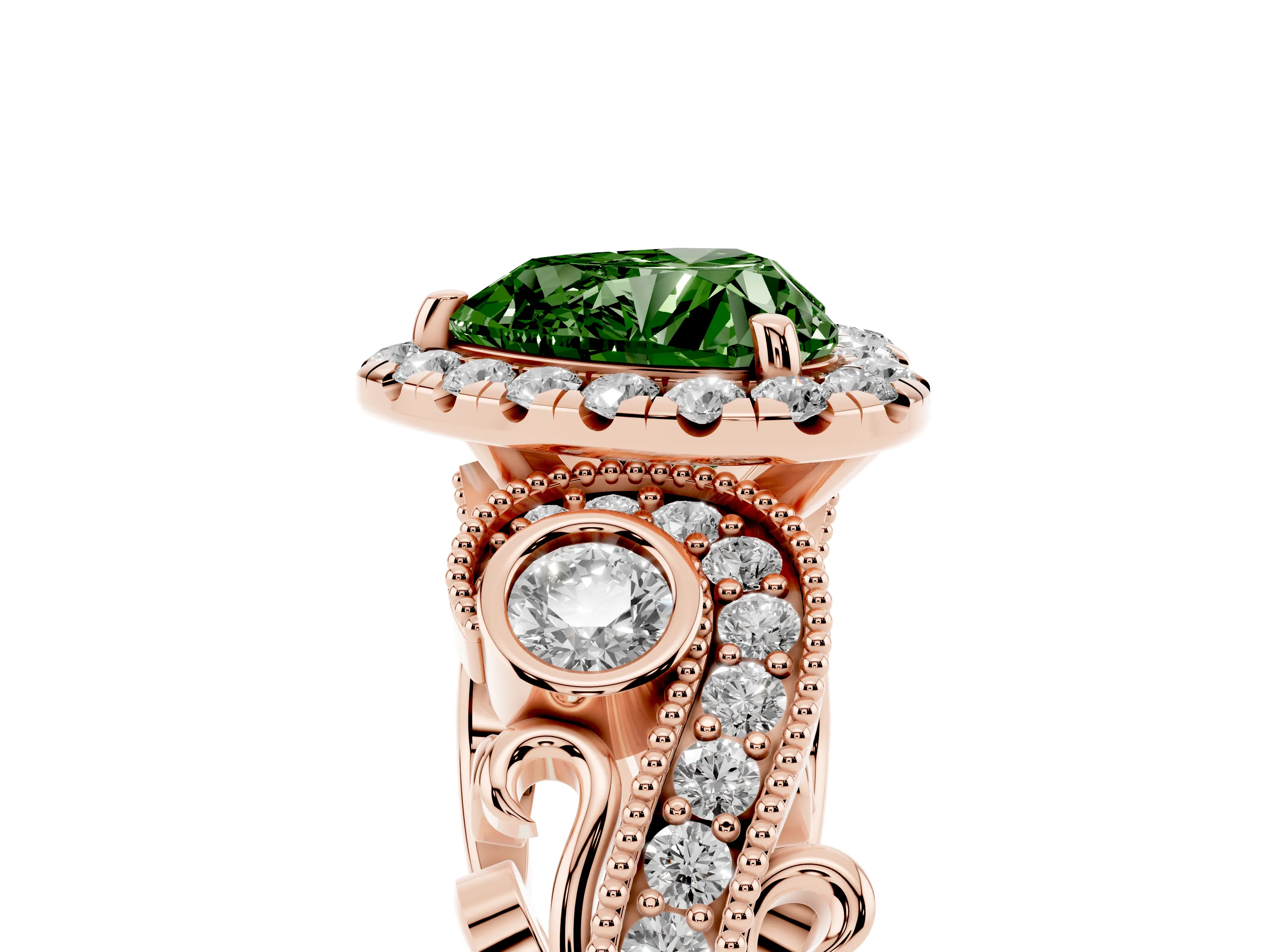 Fancy Green Heart Cut Diamond Halo Ring Set in Rose gold with Milgrain Pavé Band and Prong Setting