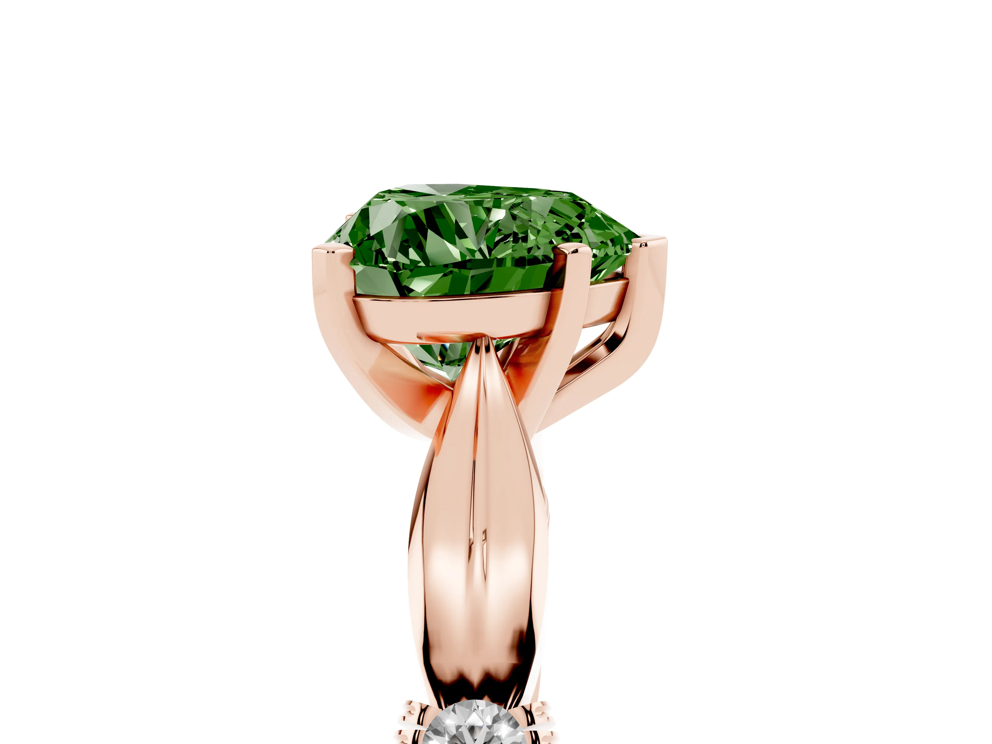 Fancy Green Heart Cut Diamond Solitaire Twisted Band Ring Set in Rose gold with Accent Stones and Prong Setting