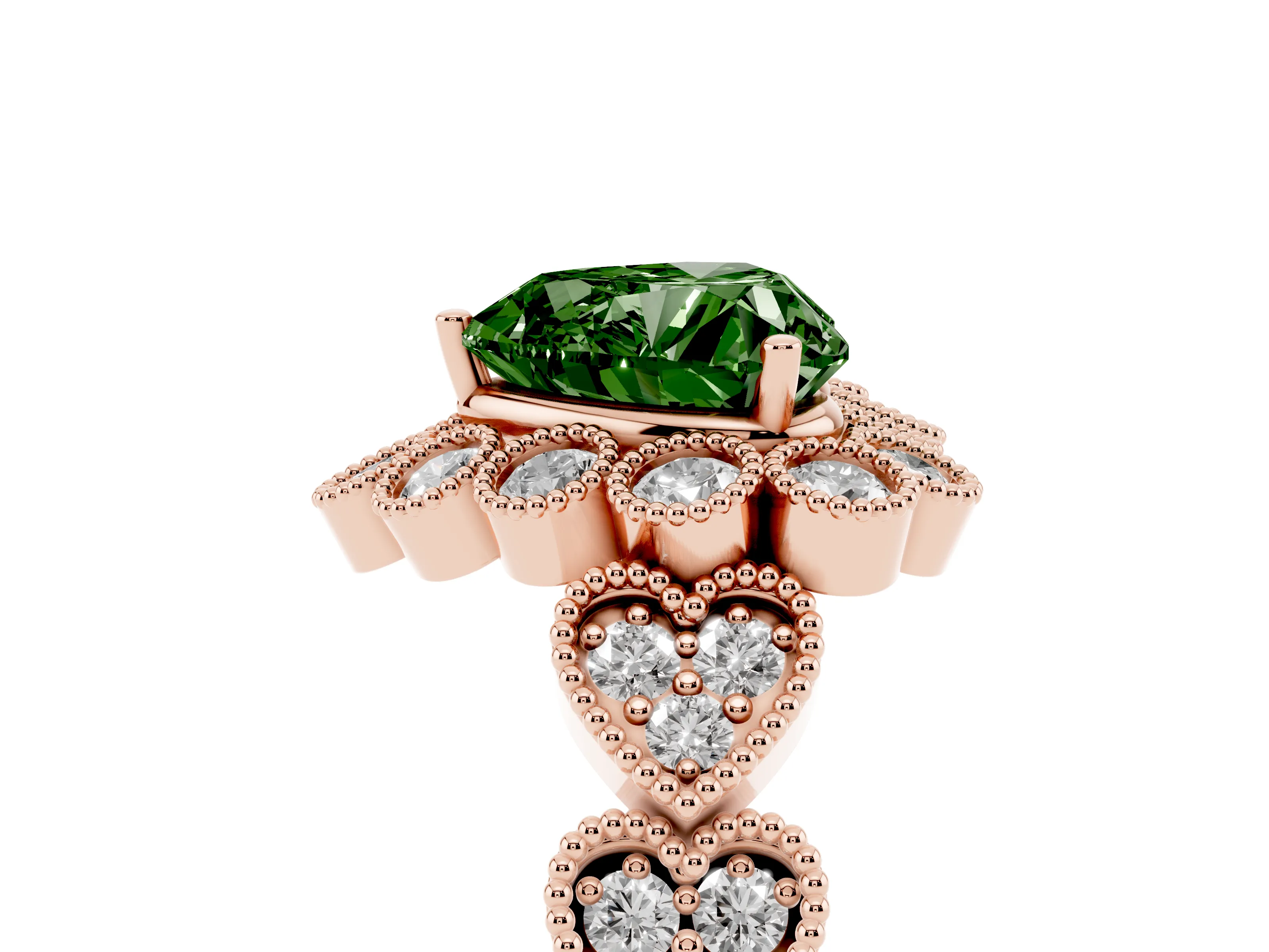 Fancy Green Heart Cut Diamond Solitaire Ring Set in Rose gold with Milgrain Pavé Heart Band