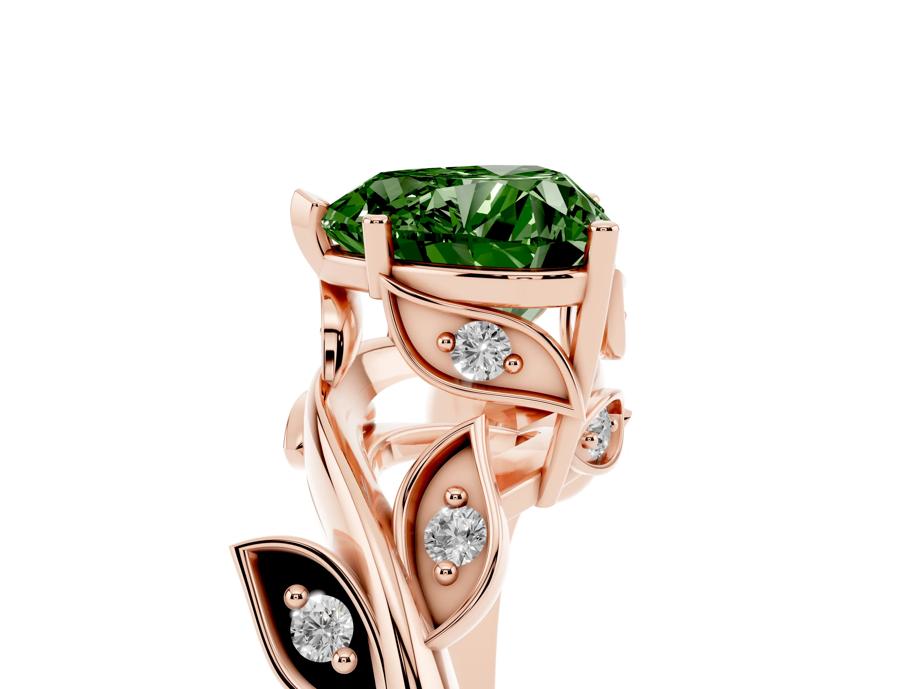 Fancy Green Heart Cut Diamond Solitaire Twist Engagement Ring Set in Rose gold with Pavé Leaf Accents