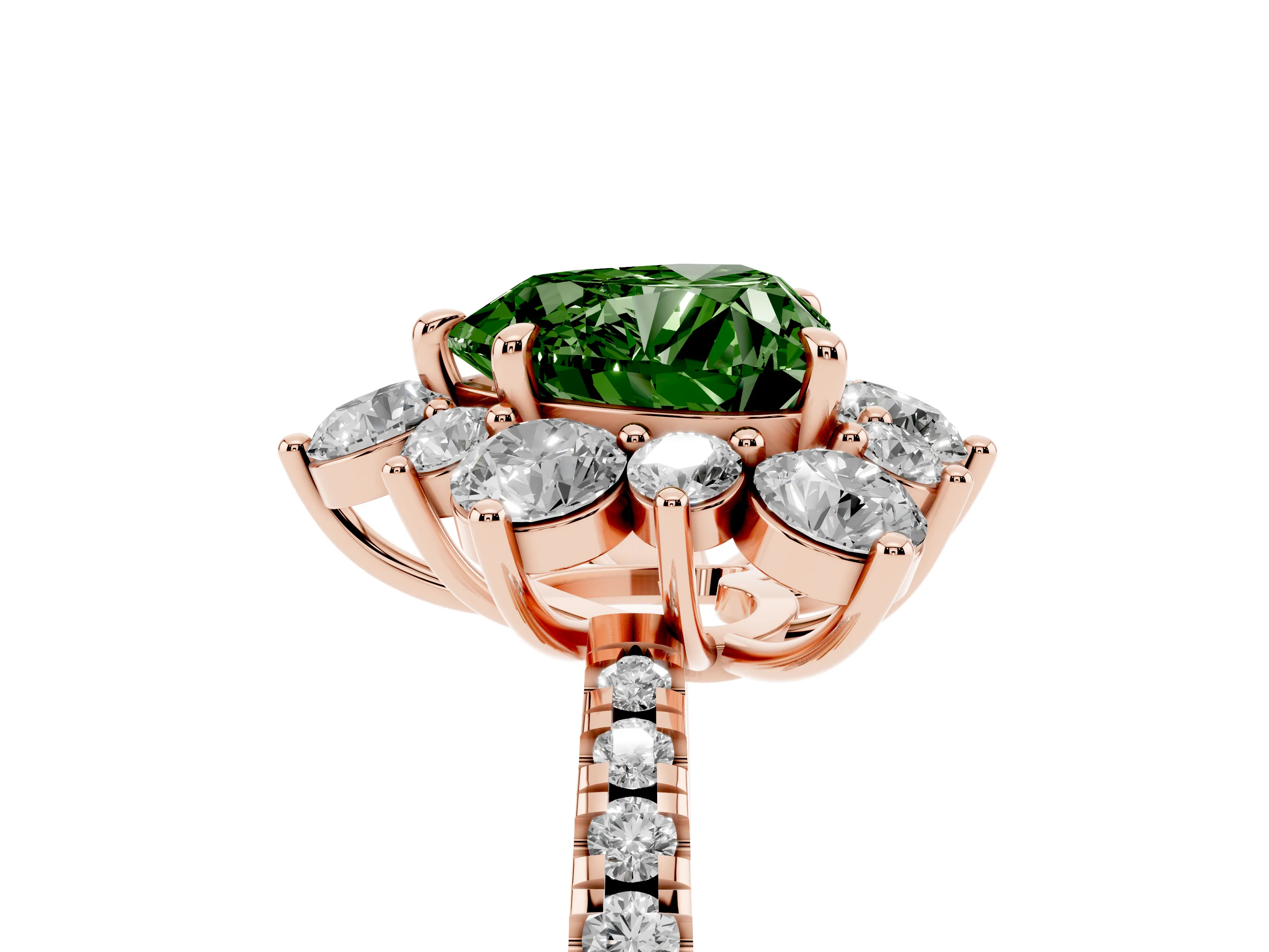 Fancy Green Heart Cut Diamond Floral Halo Ring Set in Rose gold with Round Pavé Band and Prong Setting