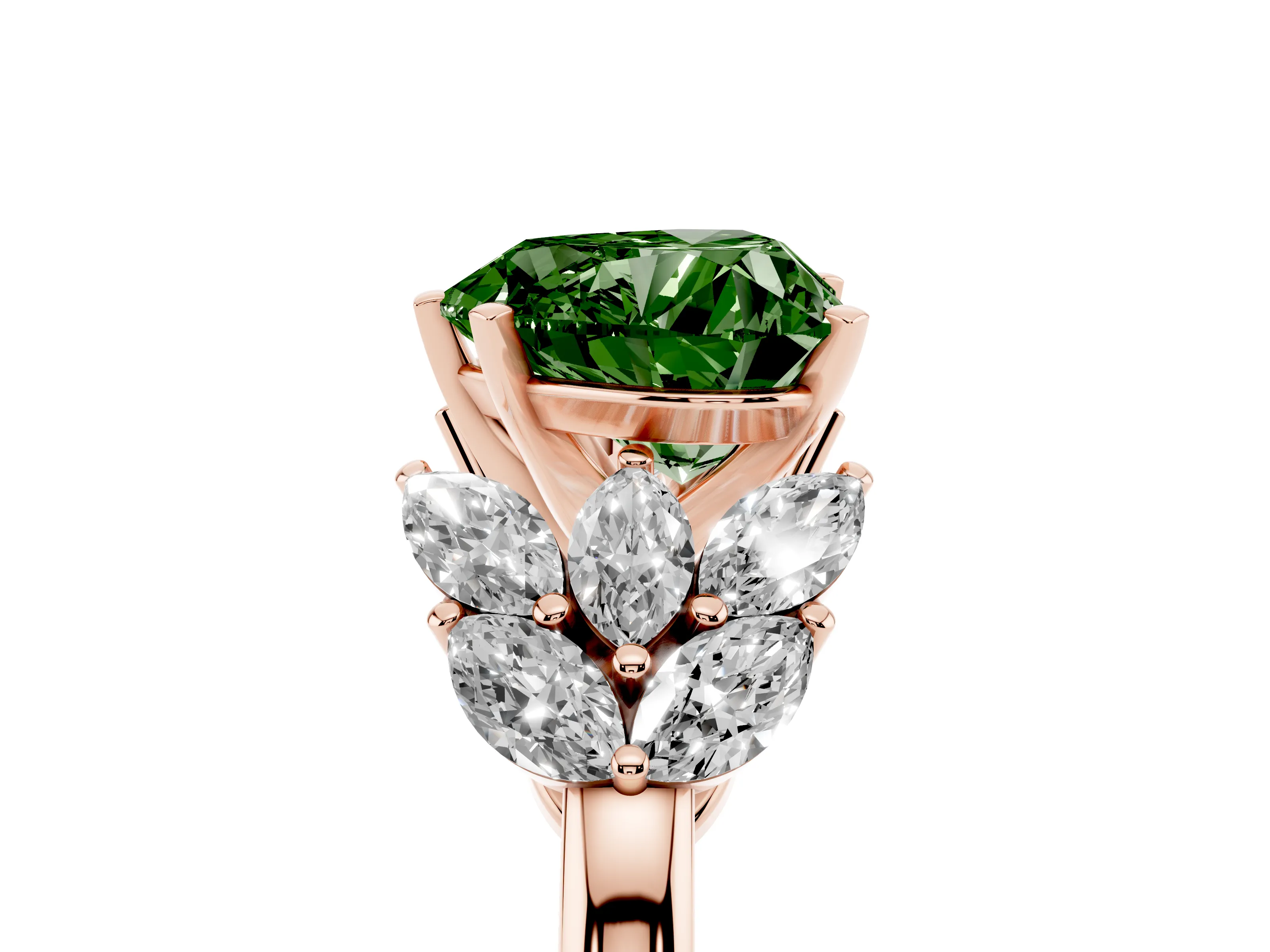 Fancy Green Heart Cut Diamond Cluster Leaf Design Ring Set in Rose gold with Prong Setting