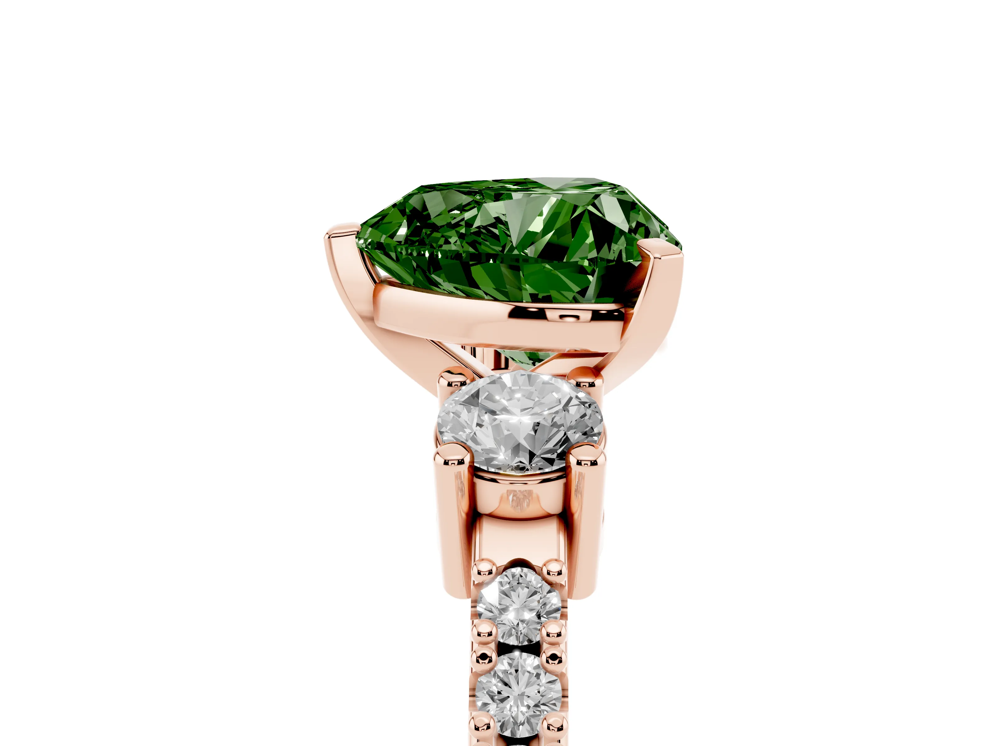 Fancy Green Three-Stone Heart Cut Diamond Pavé Band Ring Set in Rose gold with Prong Setting