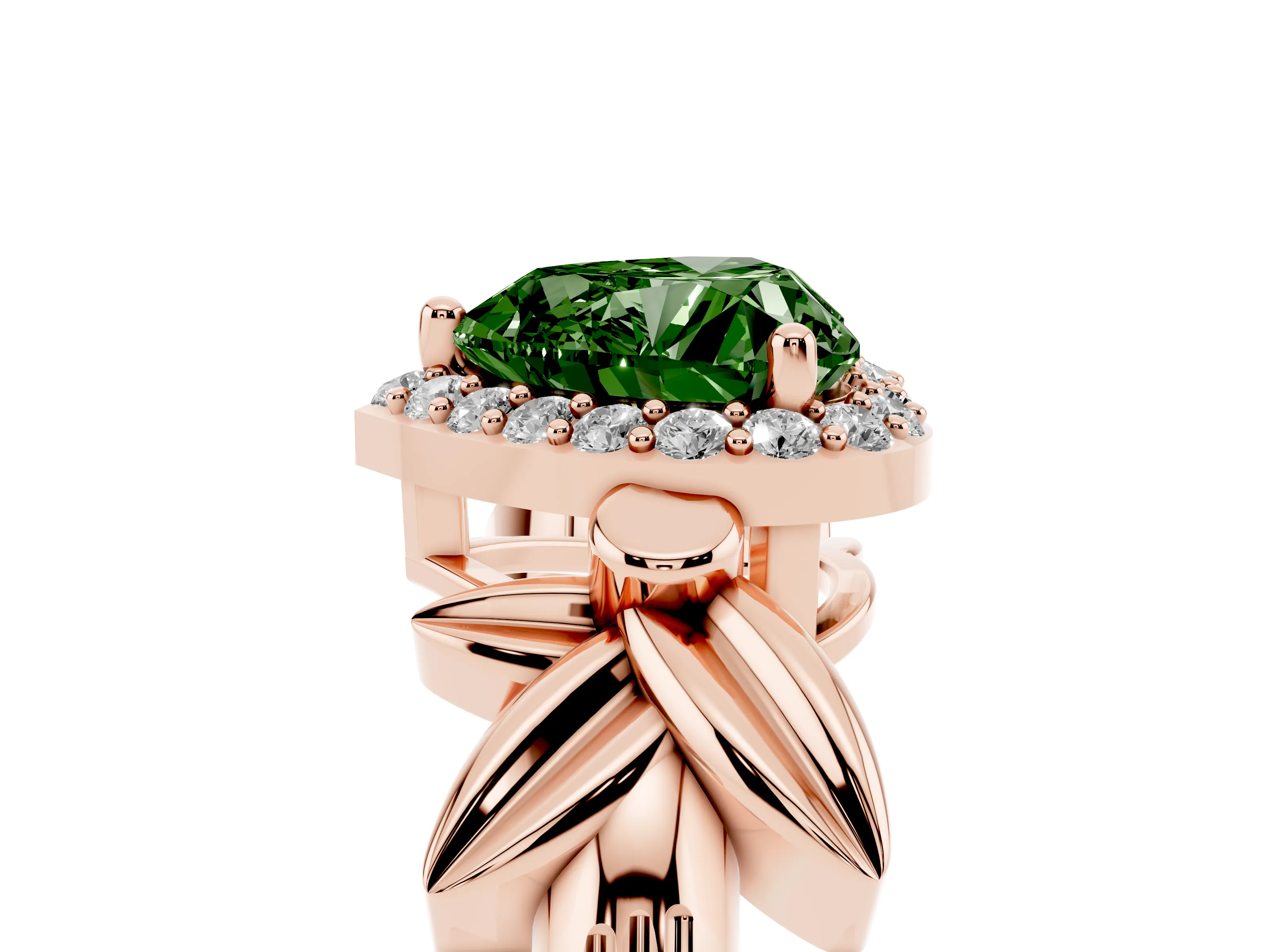 Fancy Green Heart Cut Diamond Halo Floral Band Ring Set in Rose gold with Prong Setting