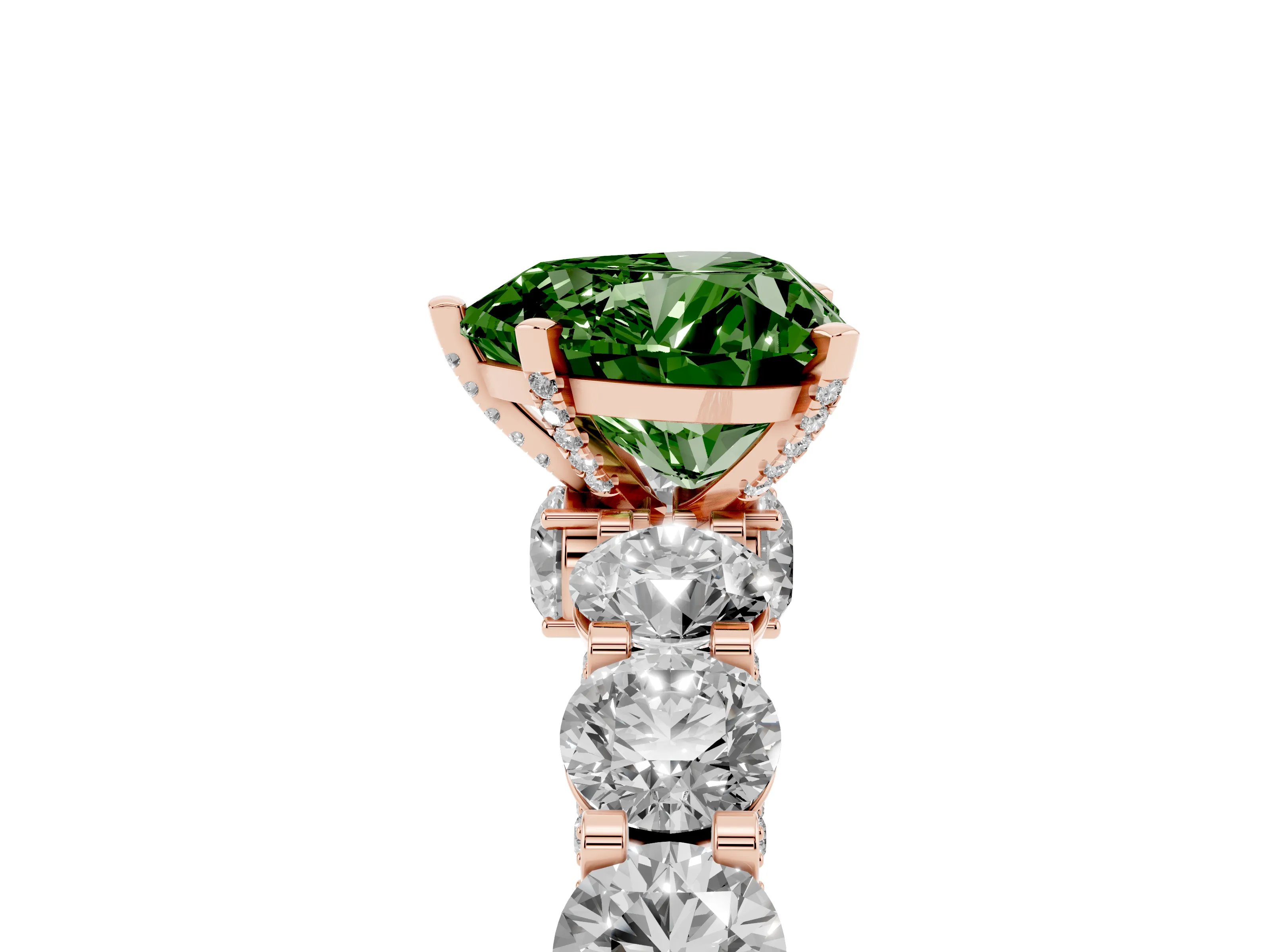 Fancy Green Heart Cut Diamond Side Stone Ring Set in Rose gold with Alternating Round and Oval Side Stones