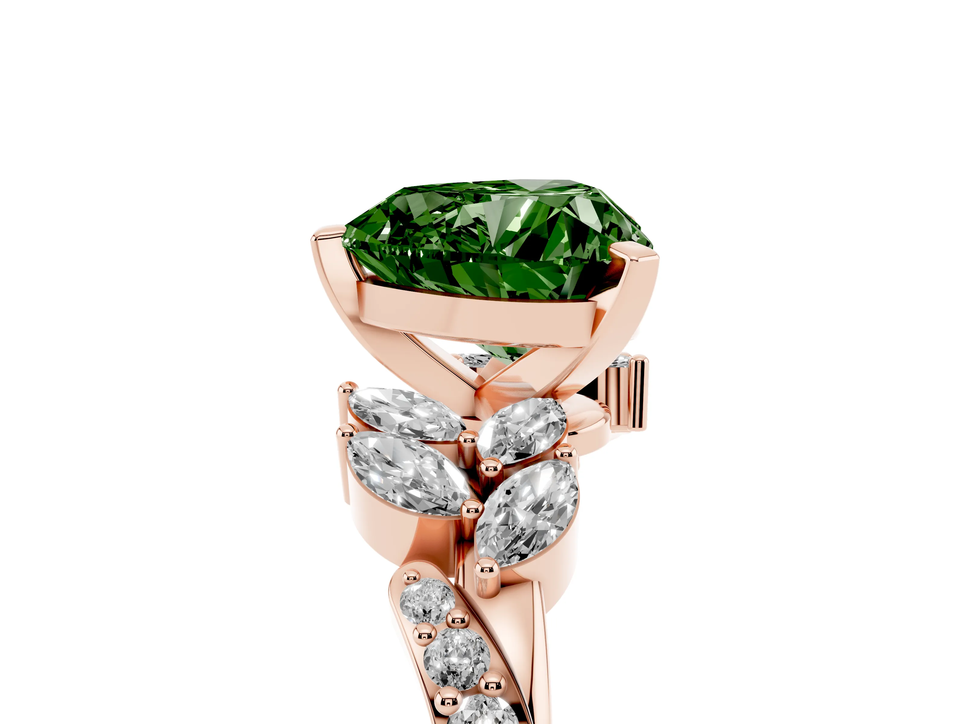 Fancy Green Heart Cut Diamond Solitaire Ring Set in Rose gold with Marquise Twist Band and Prong Setting