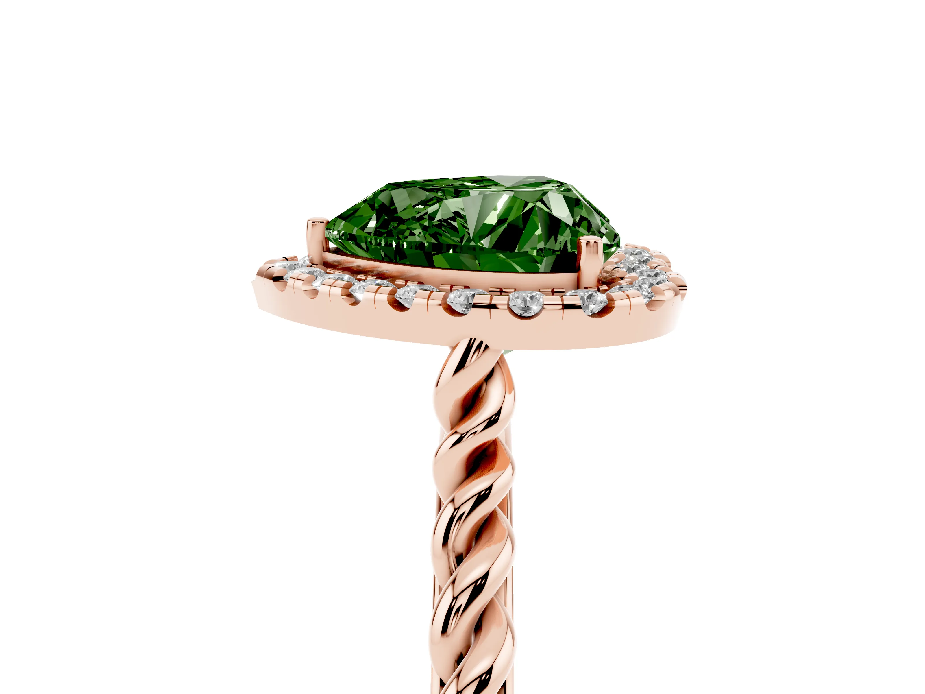Fancy Green Heart Cut Diamond Halo Ring Set in Rose gold with Plain Twisted Band
