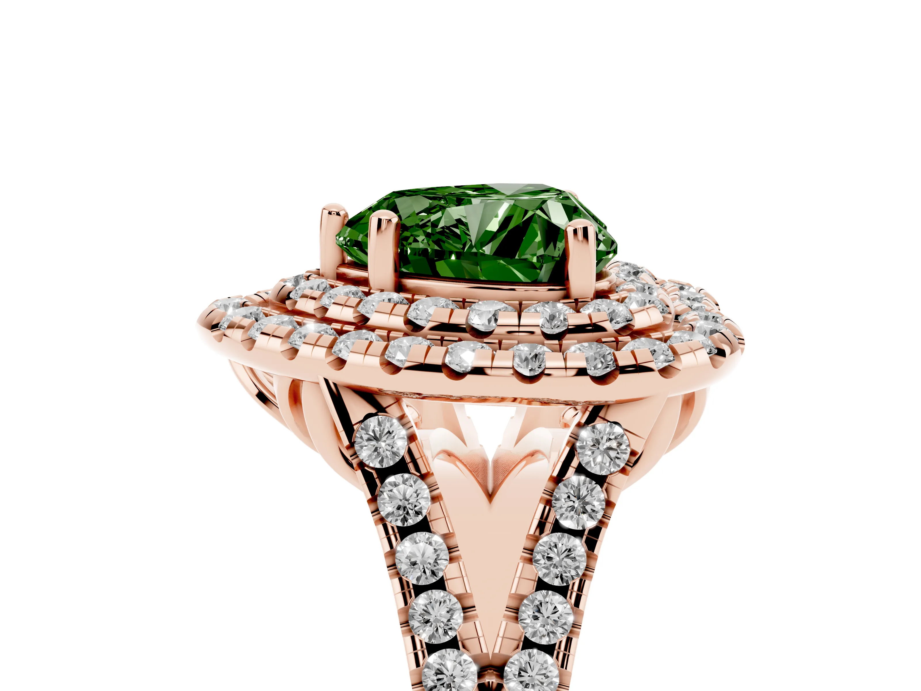 Fancy Green Heart Cut Diamond Double Halo Ring Set in Rose gold with Pavé Split Shank and Prong Setting