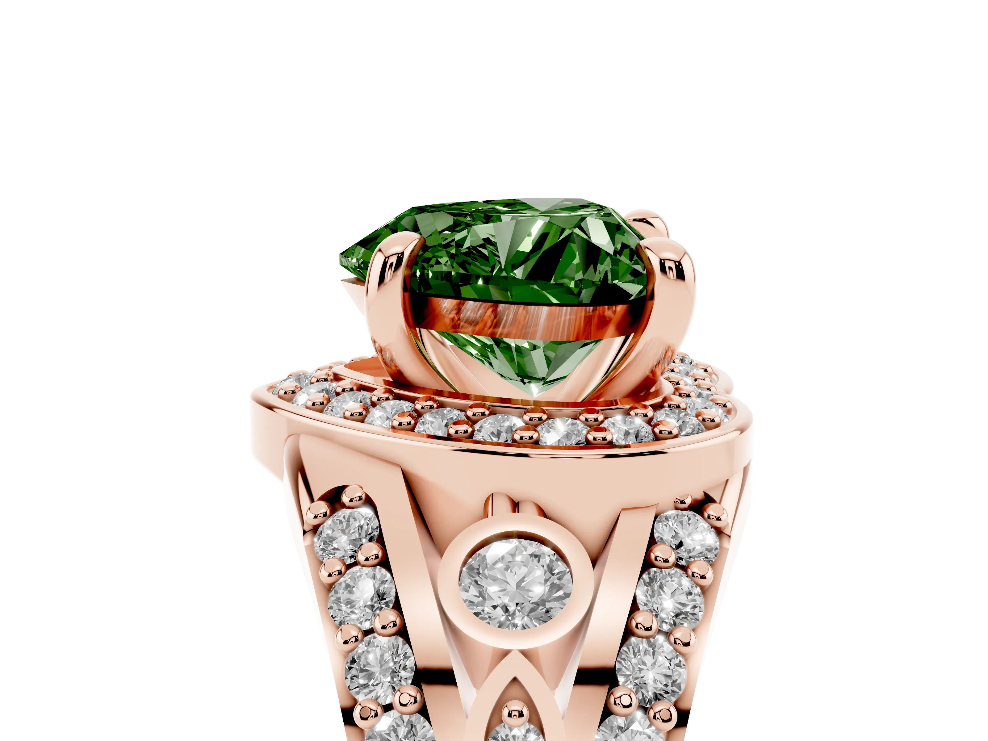 Fancy Green Heart Cut Diamond Halo Ring Set in Rose gold with Pavé Split Shank and Bezel Accents