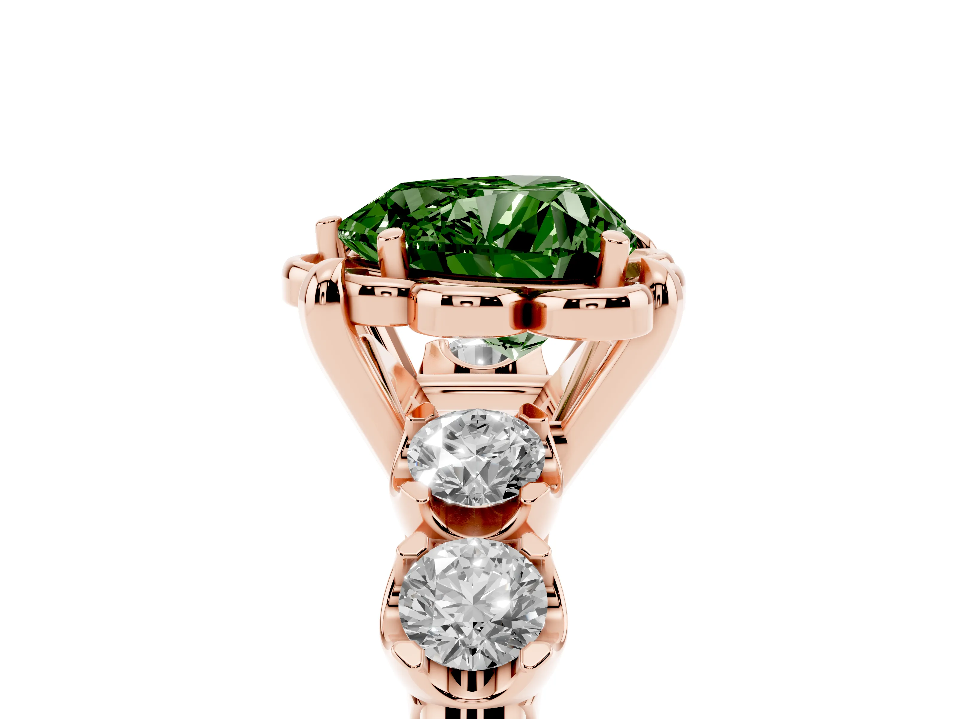 Fancy Green Heart Cut Diamond Floral Halo Ring Set in Rose gold with Shared Prong Band