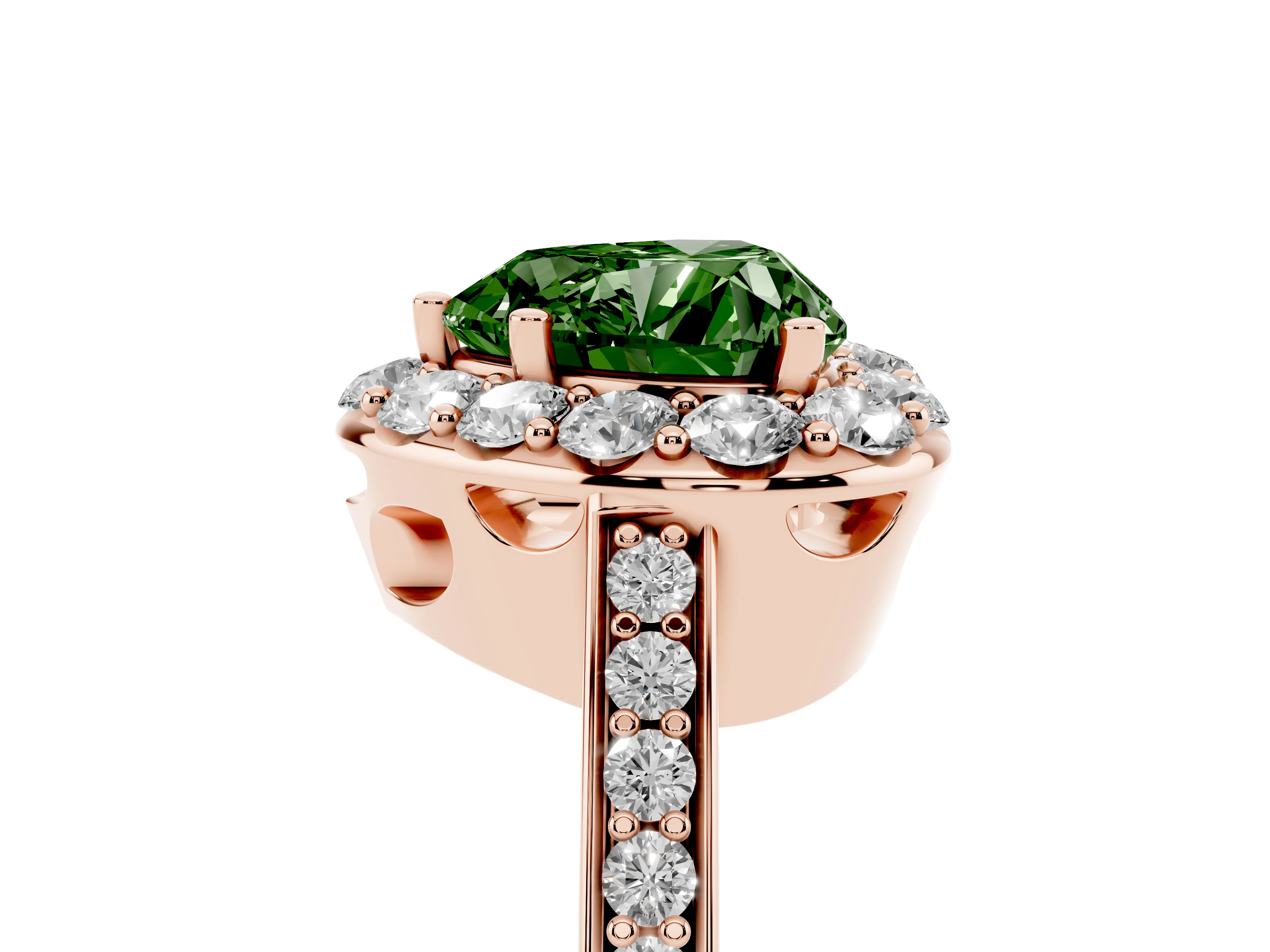 Fancy Green Heart Cut Diamond Floral Halo Ring Set in Rose gold with Pavé Band and Prong Setting