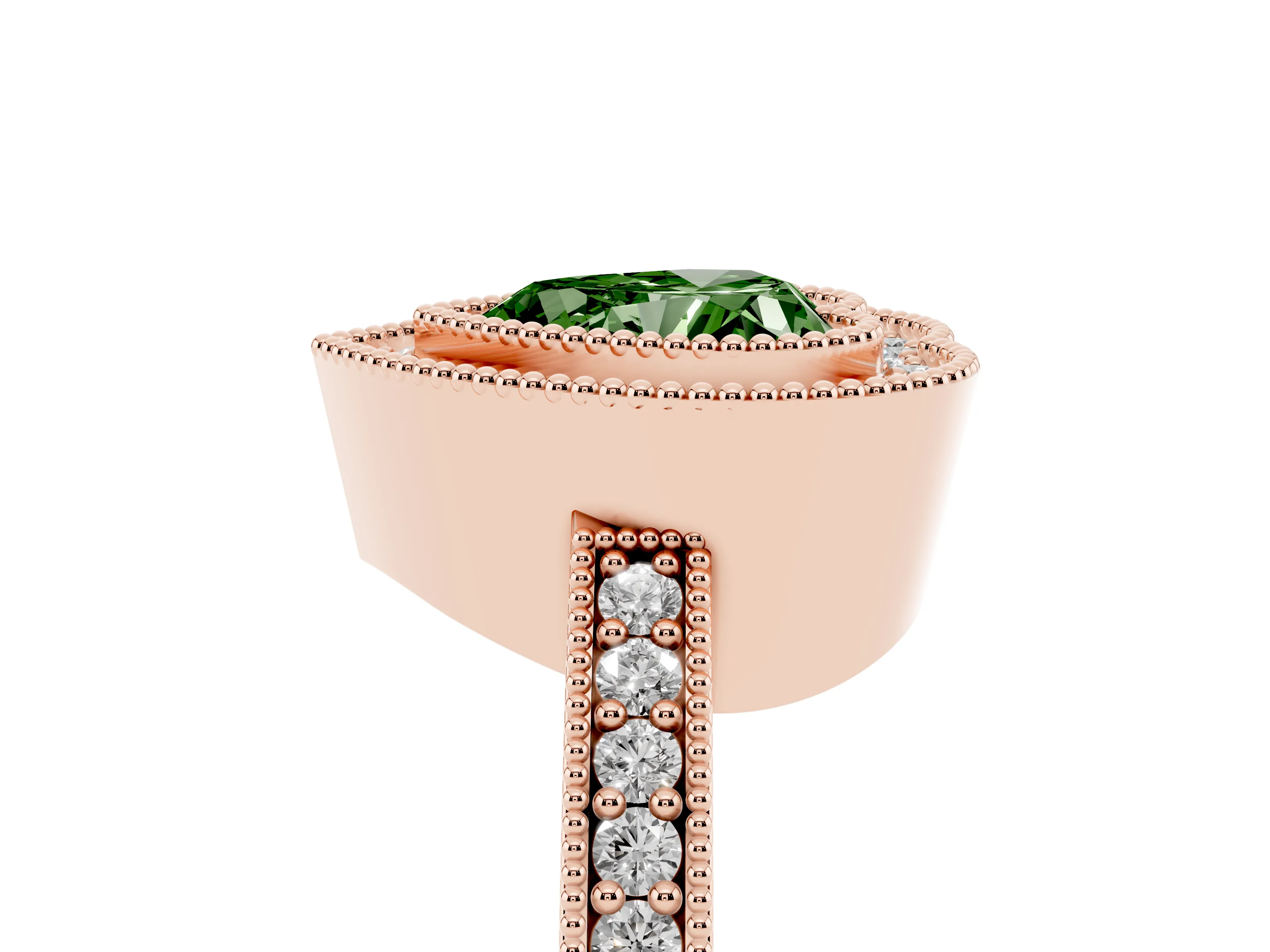 Fancy Green Heart Cut Diamond Halo Engagement Ring Set in Rose gold with Pavé Band and Round Halo Stones