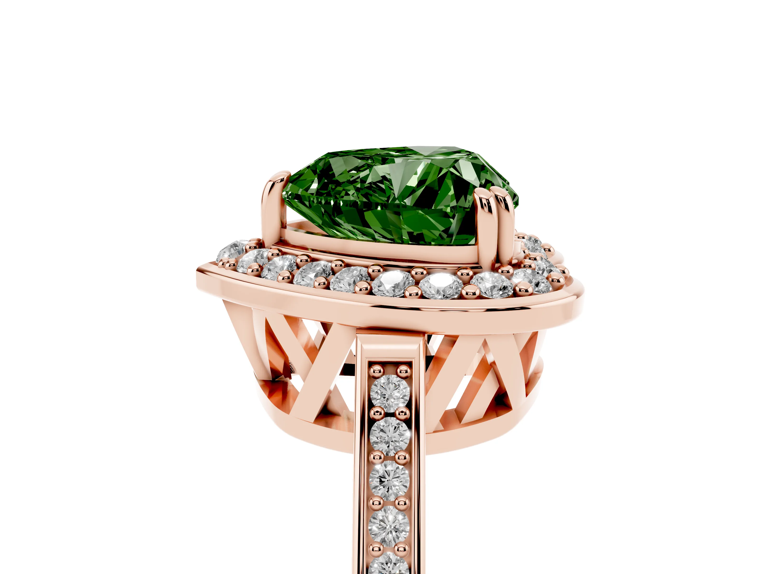 Fancy Green Heart Cut Diamond Halo Ring Set in Rose gold with Accent-Lined Split Shank and Prong Setting