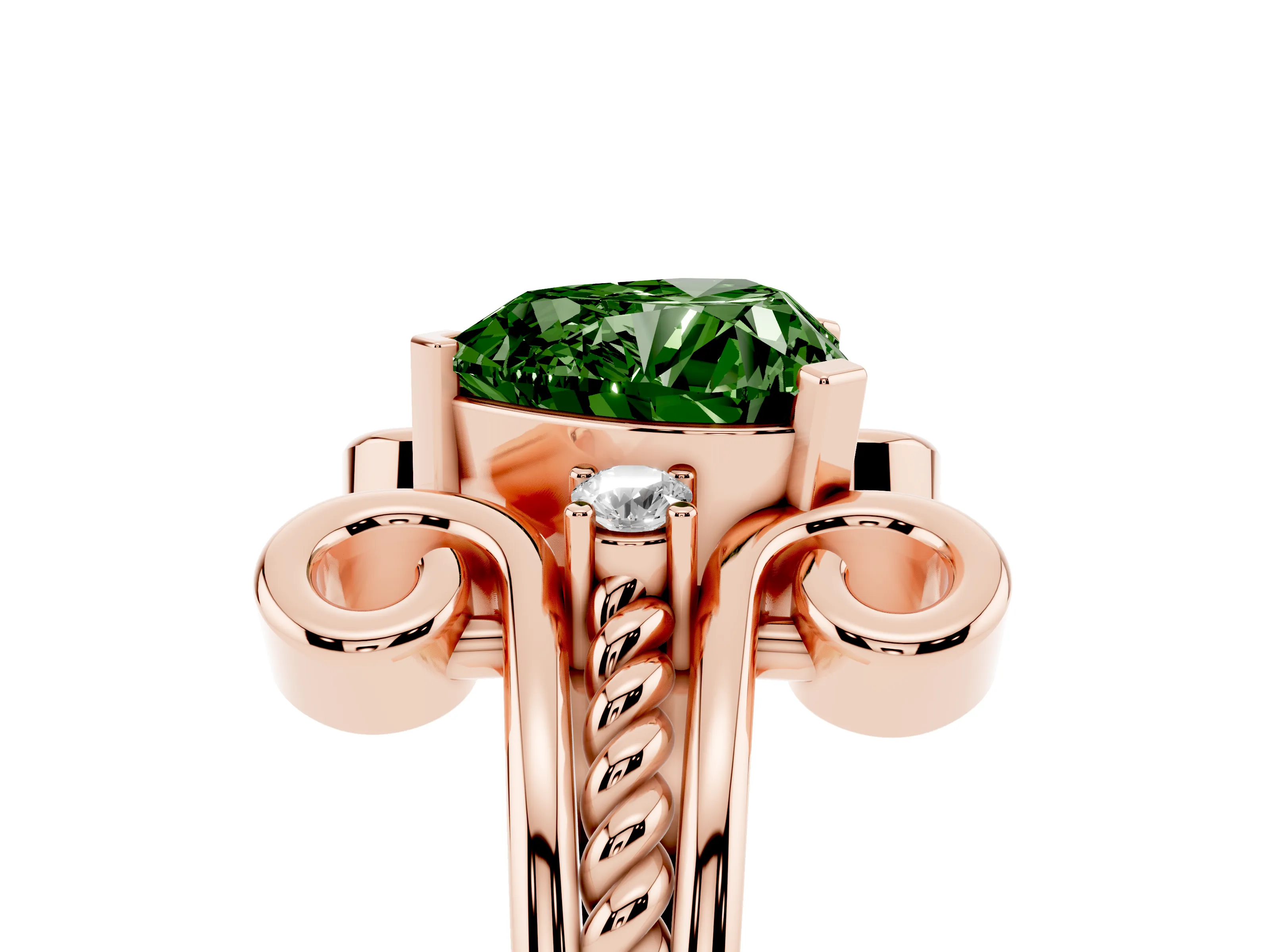 Fancy Green Heart Cut Diamond Twisted Band Solitaire Ring Set in Rose gold with Scroll Prongs