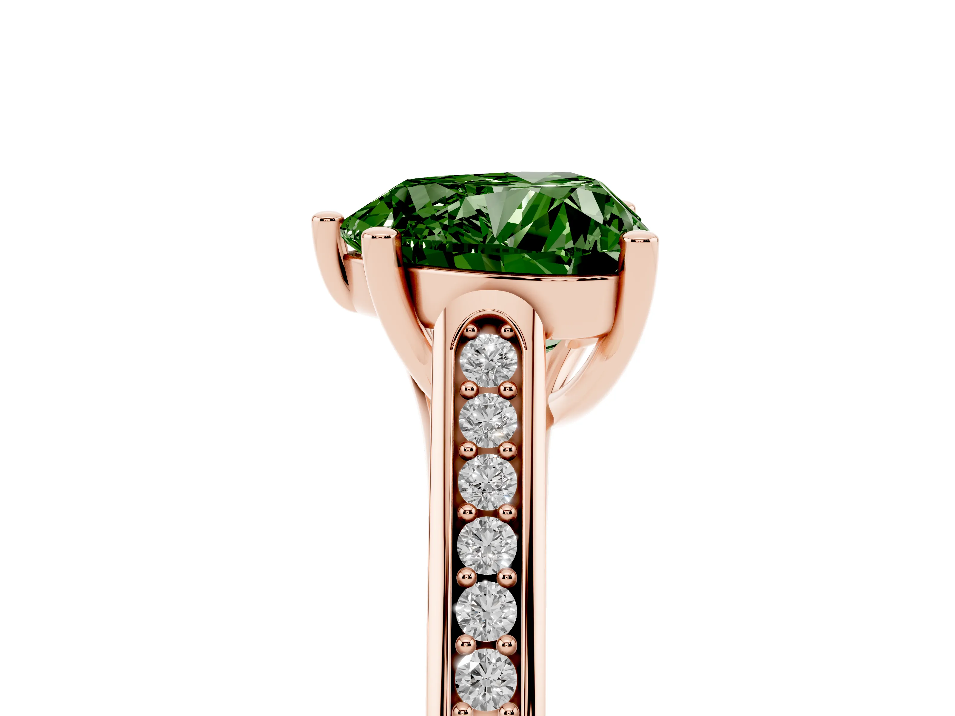 Fancy Green Heart Cut Diamond Solitaire Cathedral Engagement Ring Set in Rose gold with Channel-Set Band and Prong Setting