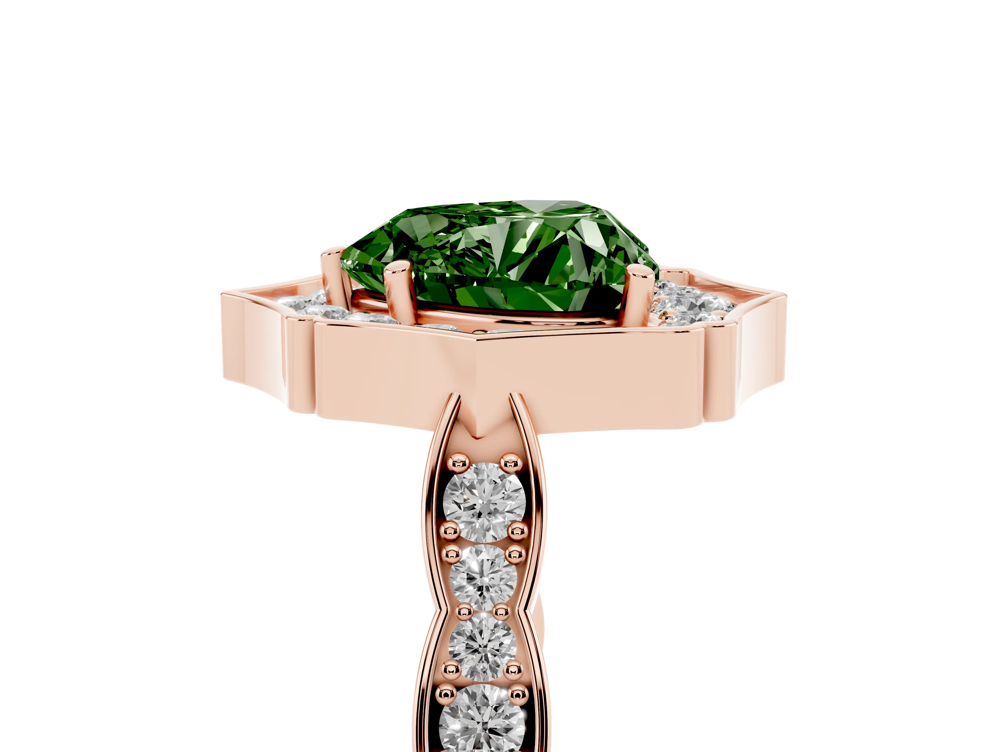 Fancy Green Heart Cut Diamond Halo Engagement Ring Set in Rose gold with Milgrain Band and Prong Setting