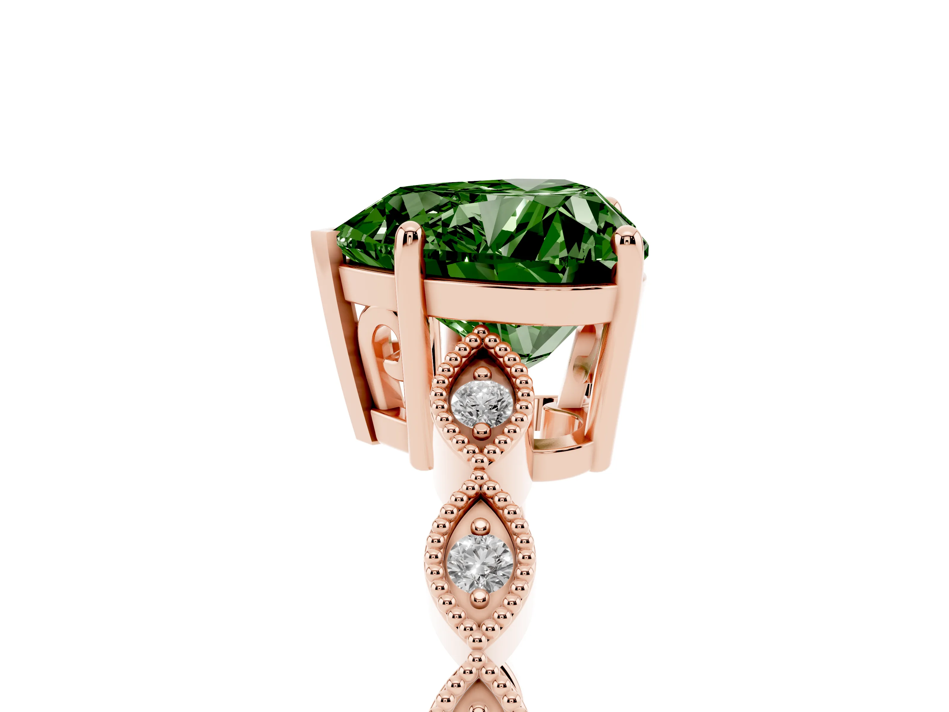 Fancy Green Heart Cut Diamond Solitaire Ring Set in Rose gold with Infinity Twist Pavé Band
