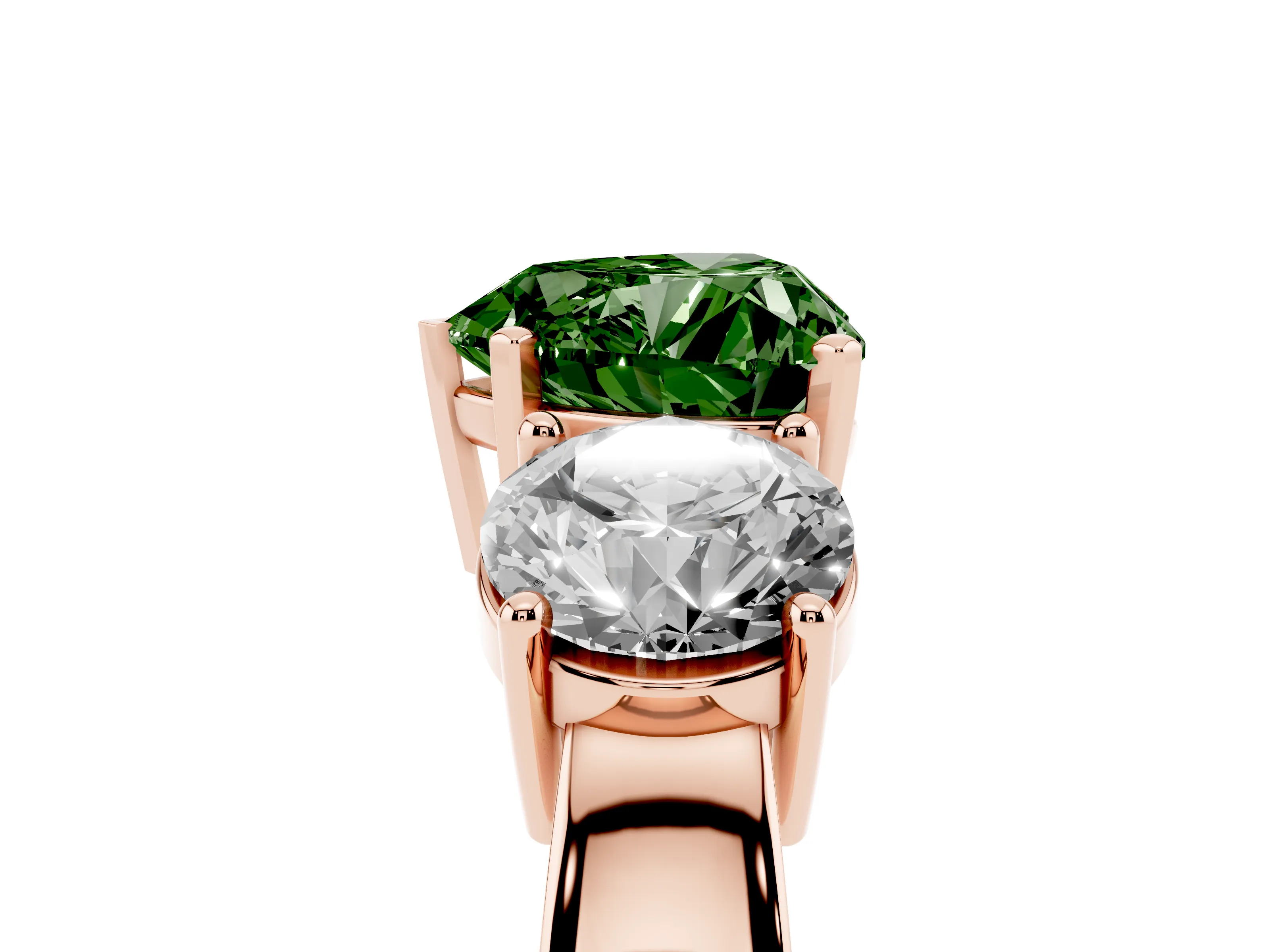 Fancy Green Heart Cut Diamond Three-Stone Ring Set in Rose gold with Round Side Stones and Classic Band