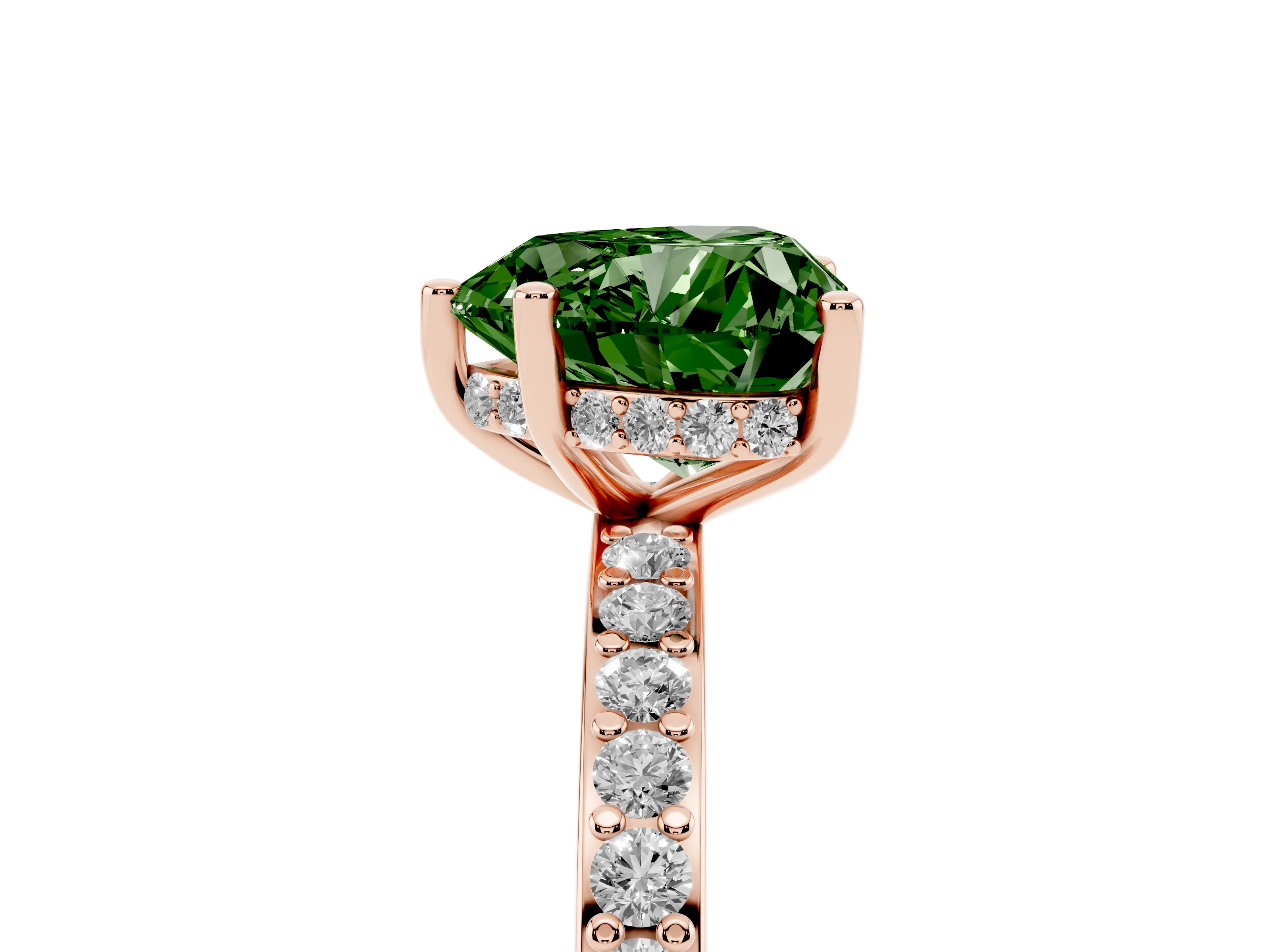 Fancy Green Heart Cut Diamond Pavé Band Ring Set in Rose gold with Prong-Set Center Stone