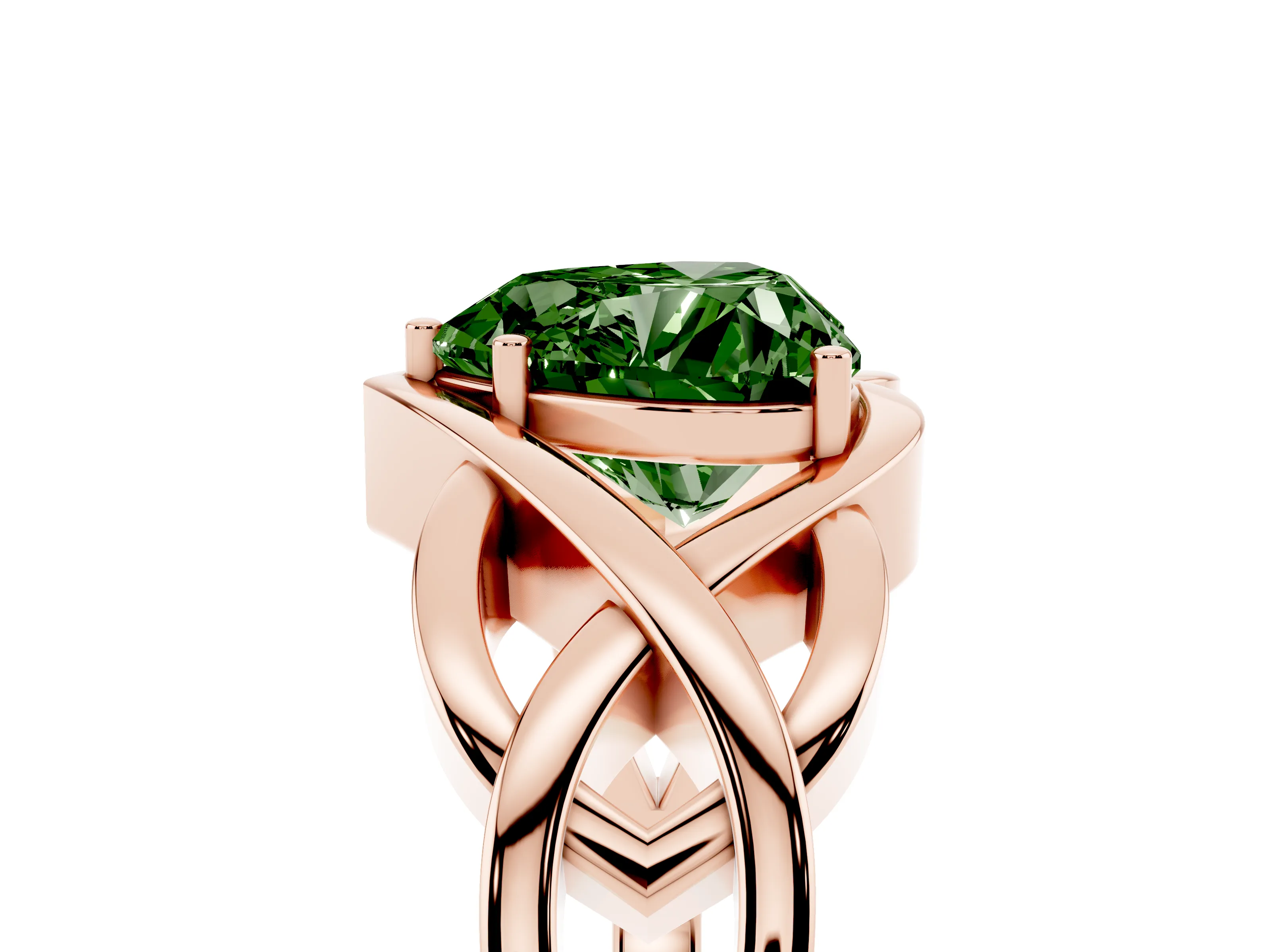 Fancy Green Heart Cut Diamond Solitaire Ring Set in Rose gold with Intertwined Band