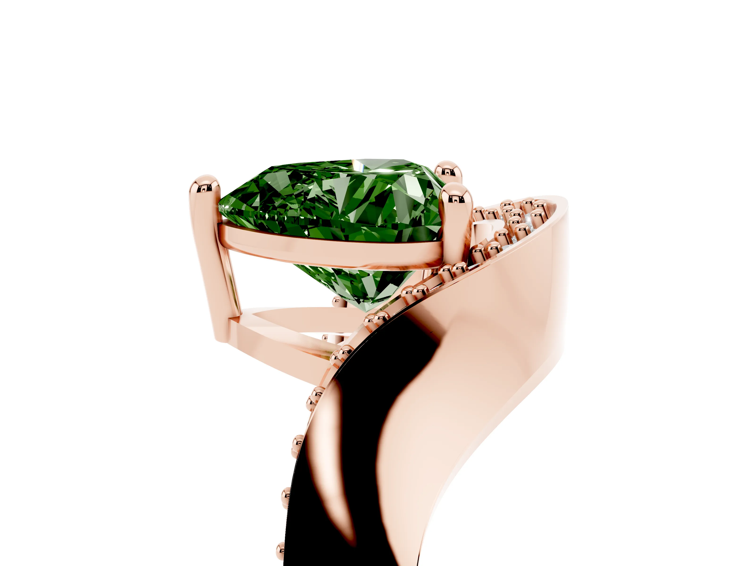 Fancy Green Heart Cut Diamond Solitaire Engagement Ring Set in Rose gold with Pavé Shoulders