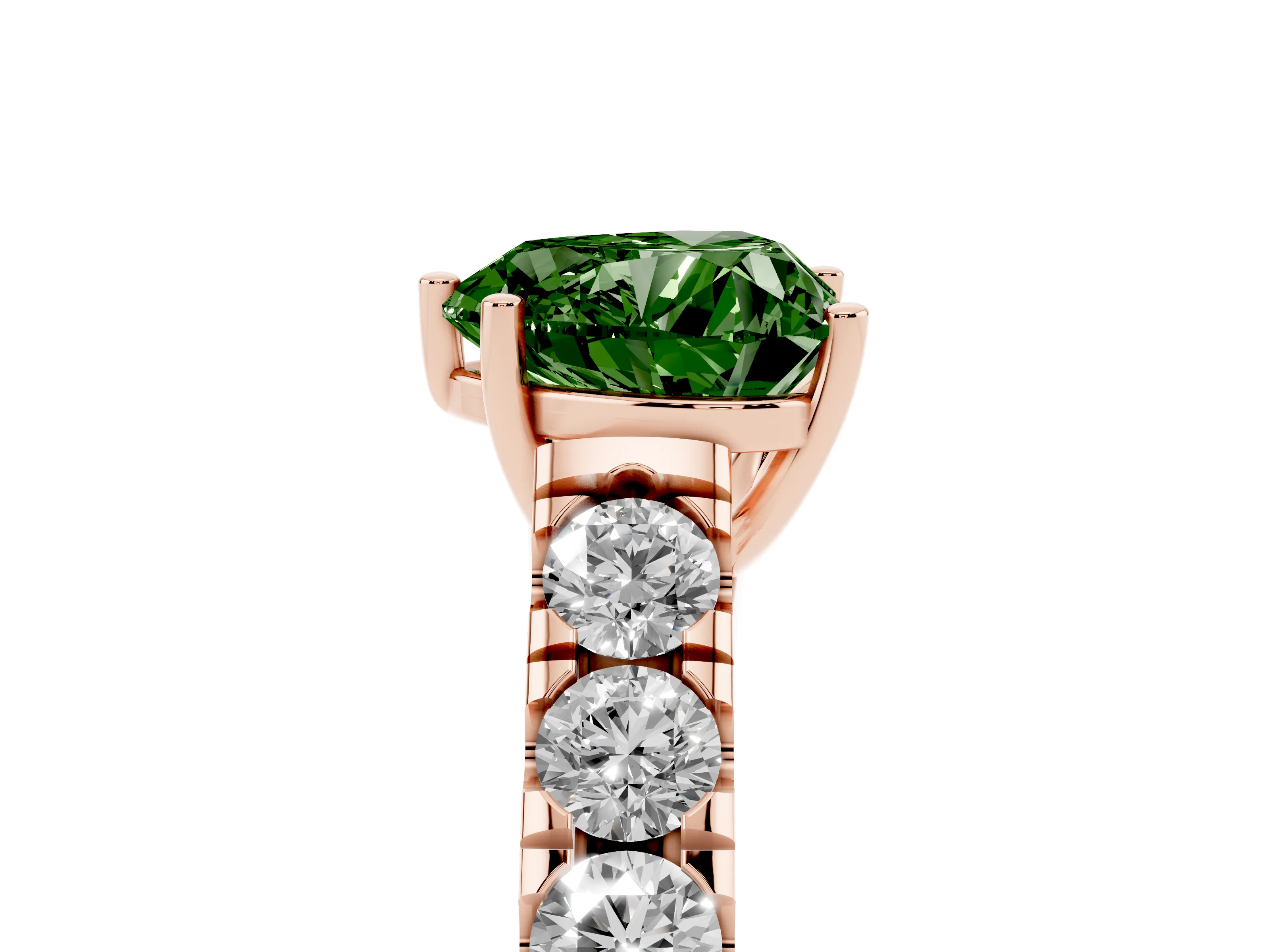 Fancy Green Heart Cut Diamond Solitaire Ring Set in Rose gold with Cut-Down Micro Pavé Band and Prong Setting