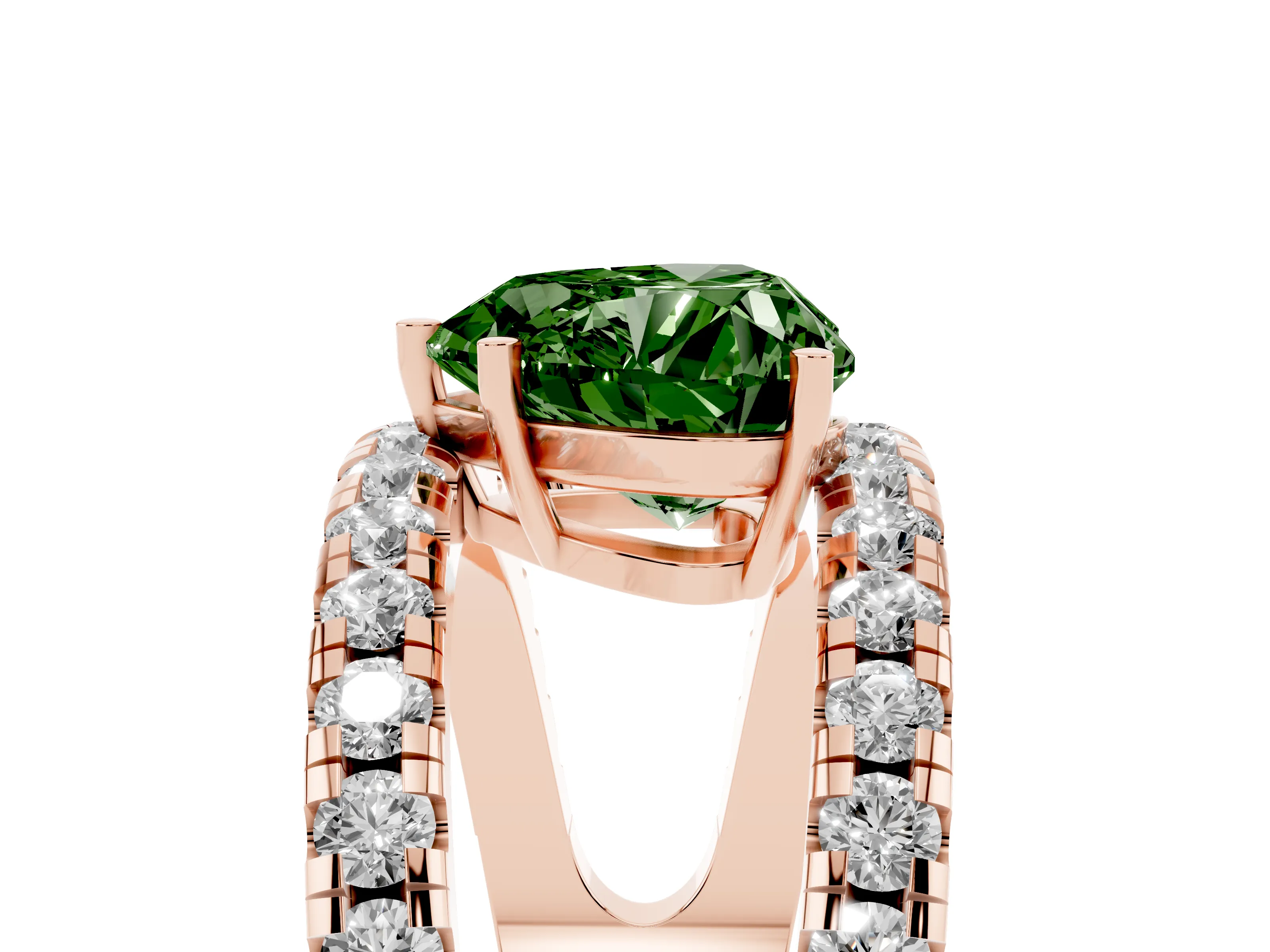 Fancy Green Heart Cut Diamond Split Shank Pavé Solitaire Ring Set in Rose gold with Open Shank Design