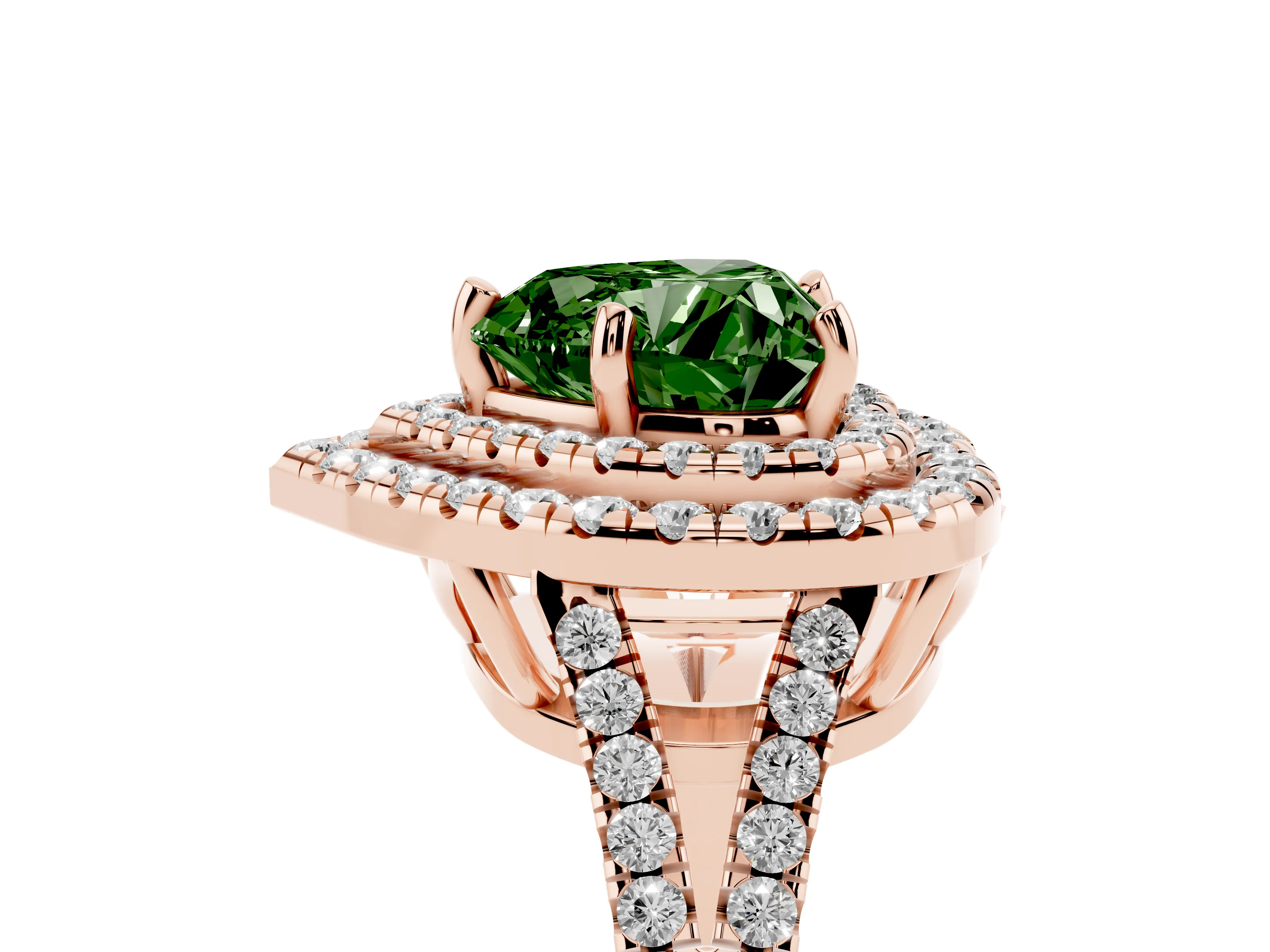 Fancy Green Heart Cut Diamond Double Halo Ring Set in Rose gold with Pavé Band