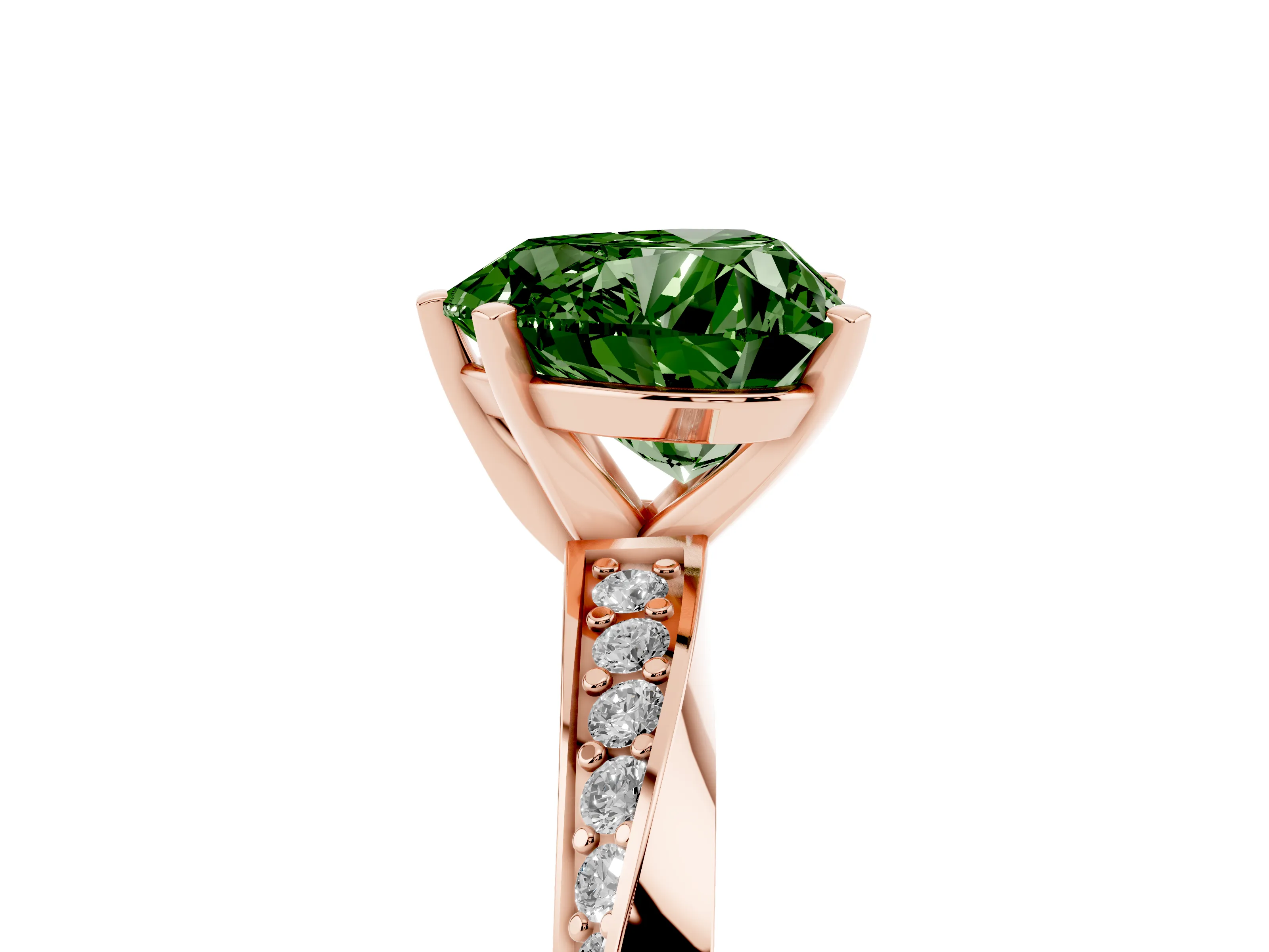 Fancy Green Heart Cut Diamond Engagement Ring Set in Rose gold with Side Stone Accents and Prong Setting