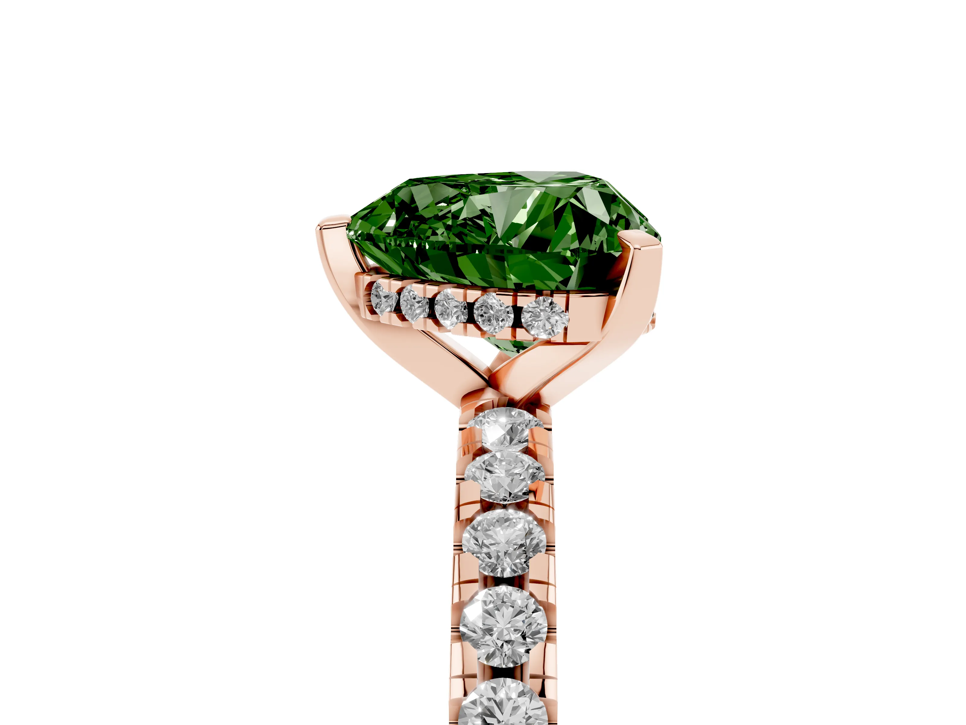 Fancy Green Heart Cut Diamond Pavé Solitaire Ring Set in Rose gold with Round Band Accents and Prong Setting