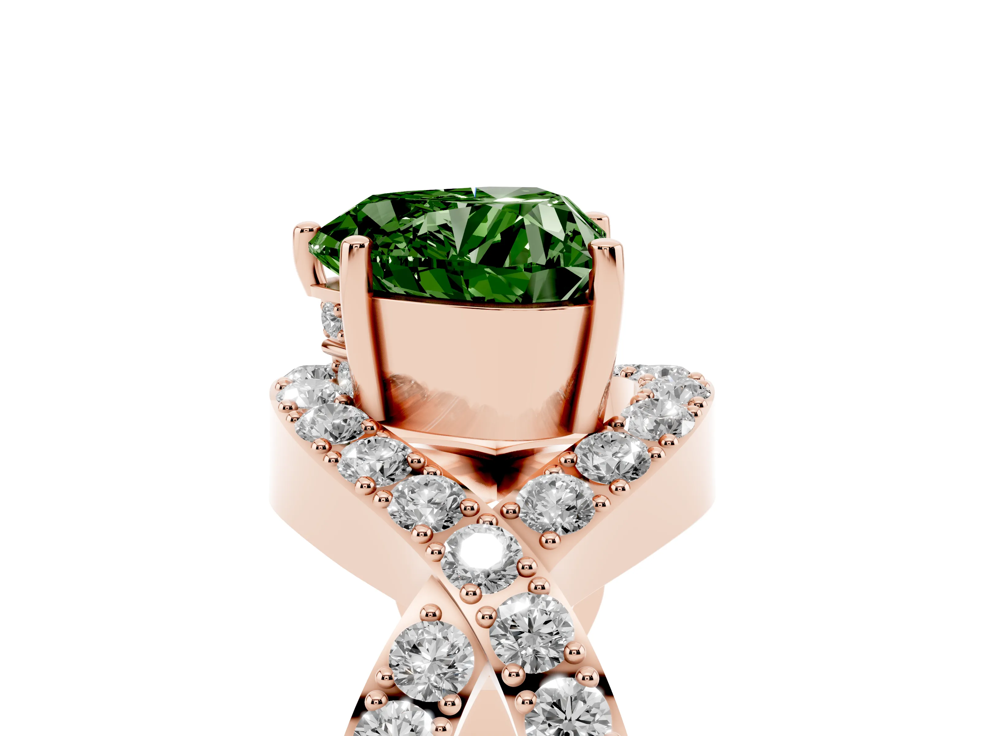 Fancy Green Heart Cut Diamond Solitaire Twist Band Pavé Engagement Ring Set in Rose gold